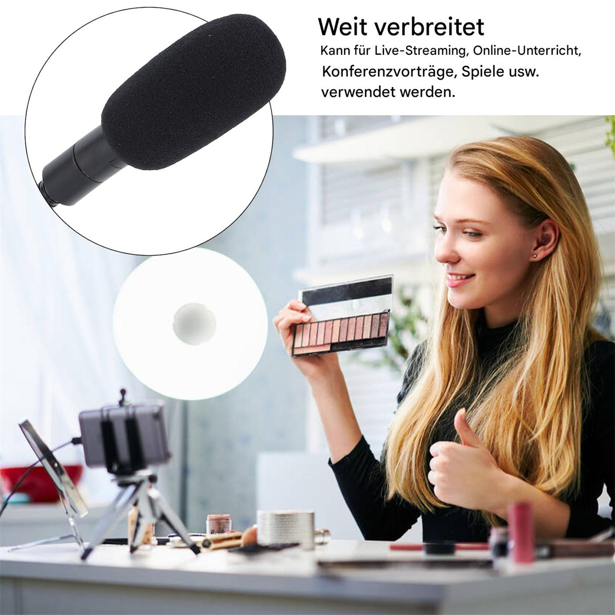 Eine Frau hält eine Make-up-Palette, mit Mikrofon und Telefon auf einem Stativ daneben.