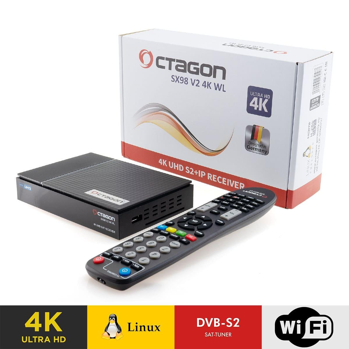 Octagon SX98 V2 4K WL Receiver mit Box und Fernbedienung. Box sagt Ultra HD 4K und Designed in Germany.