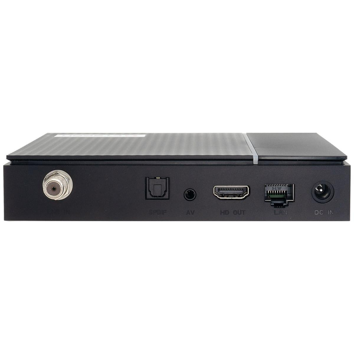 Schwarze Set-Top-Box mit verschiedenen Anschlüssen: Antenne, S/PDIF, AV, HDMI, LAN und DC IN, vor weißem Hintergrund.