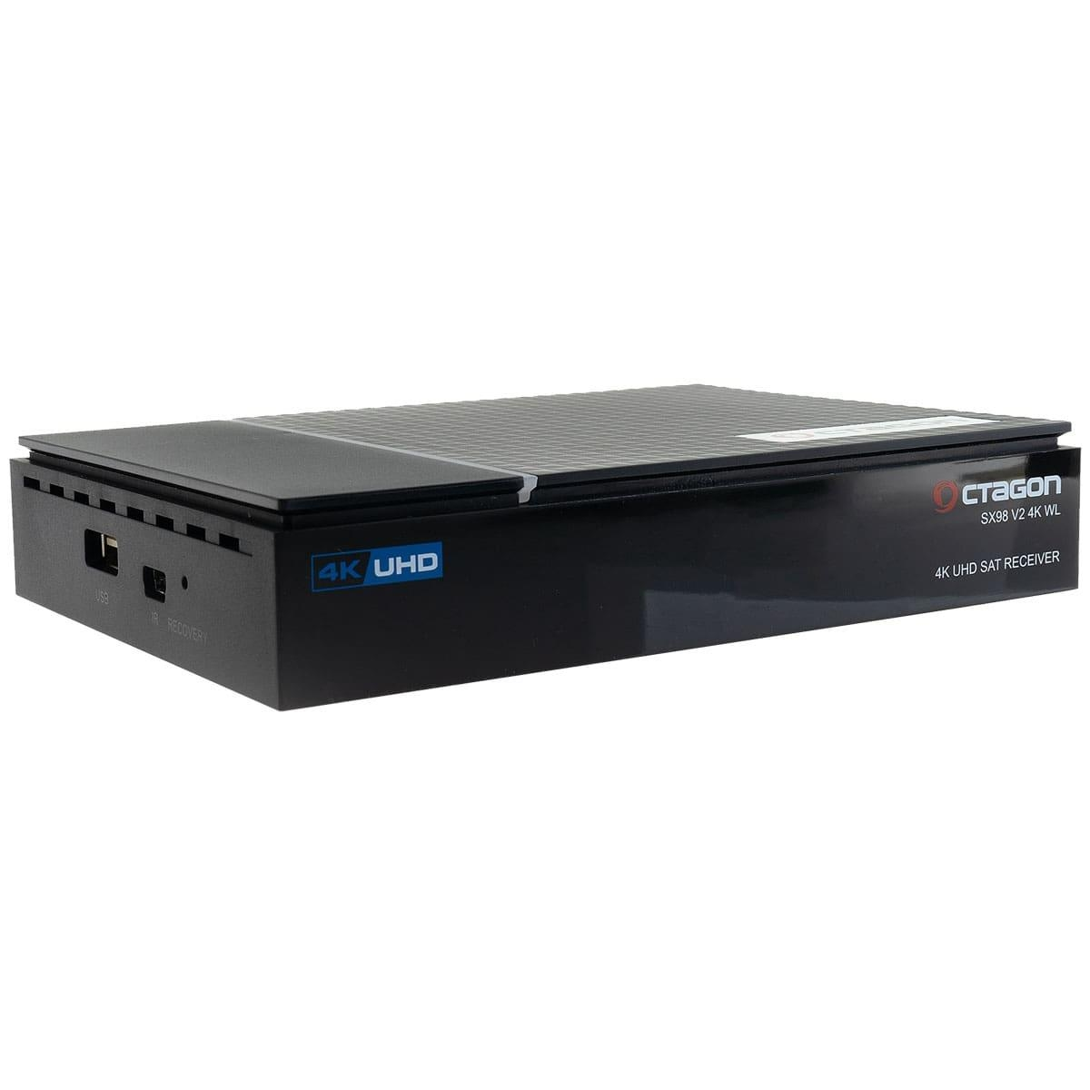 Schwarzer Octagon 4K UHD-Receiver. Er hat ein schwarzes Gehäuse und weißen Text. Es ist auf weißem Hintergrund.
