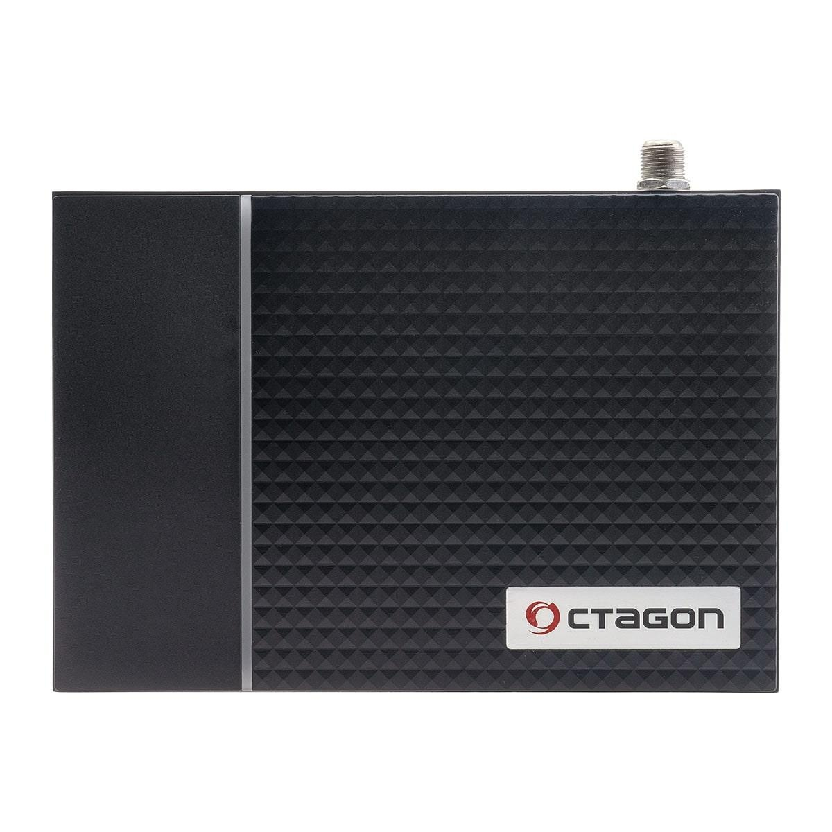 Ein schwarzes elektronisches Gerät mit einer silbernen Antenne und dem Wort 'OCTAGON'.