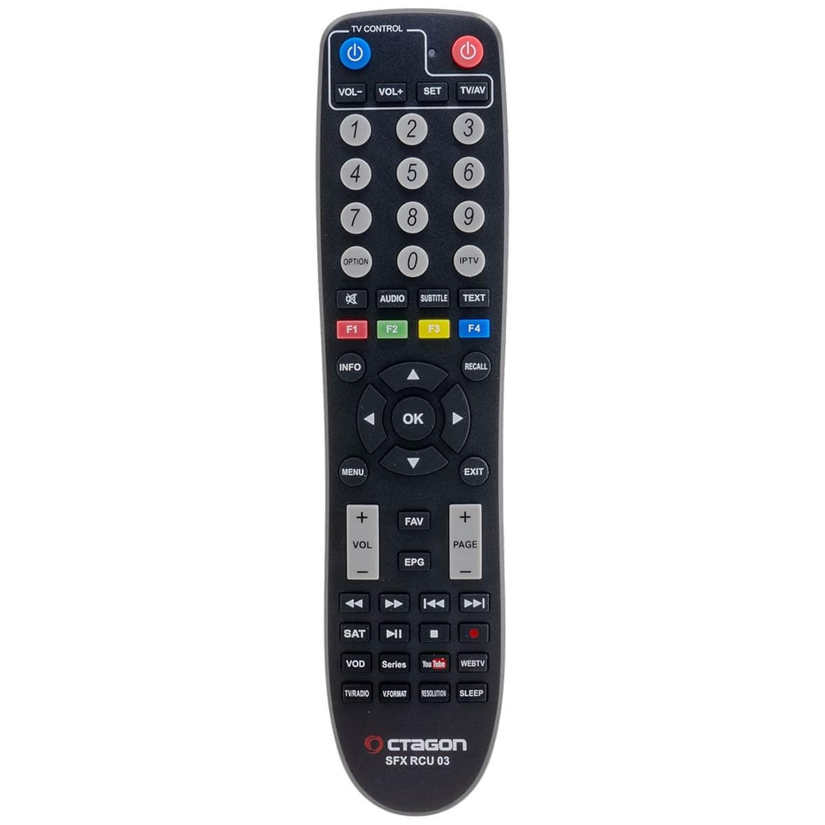Schwarze TV-Fernbedienung mit vielen Knöpfen und Beschriftungen. Der Markenname OCTAGON ist sichtbar.