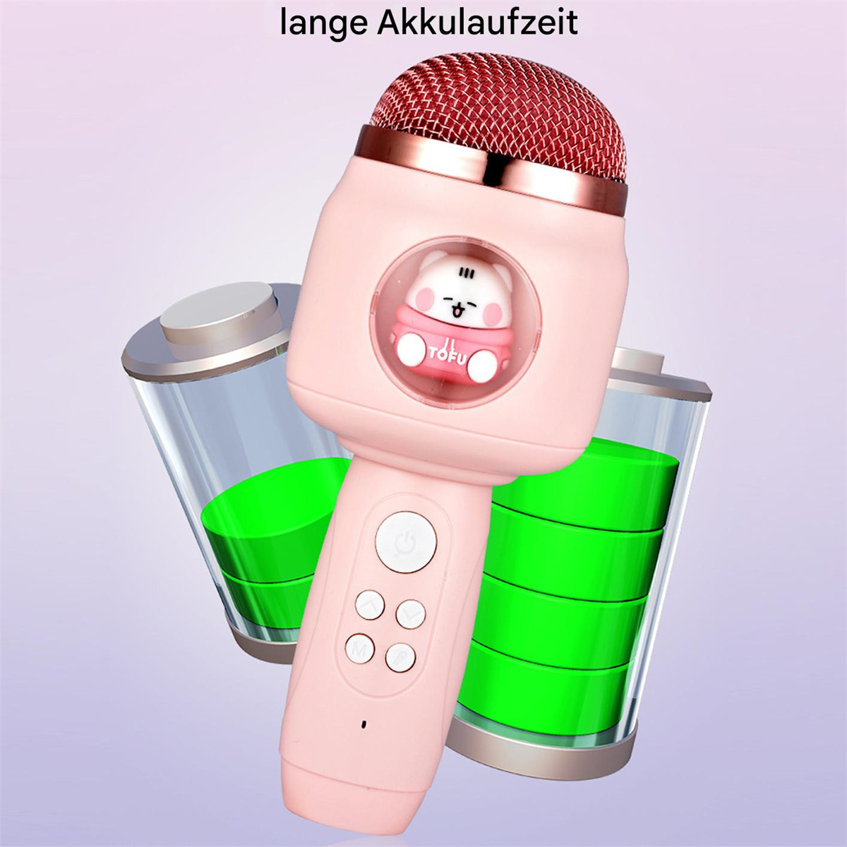 Rosa Karaoke-Mikrofon mit Bärdesign, zwei grüne Batterie-Icons.