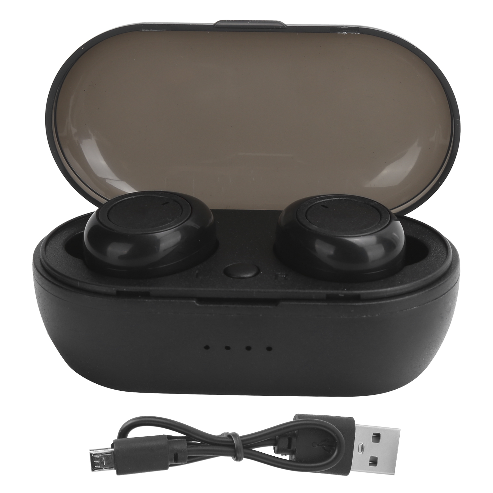 Schwarze kabellose Ohrhörer in einem Ladecase, mit USB-Ladekabel.