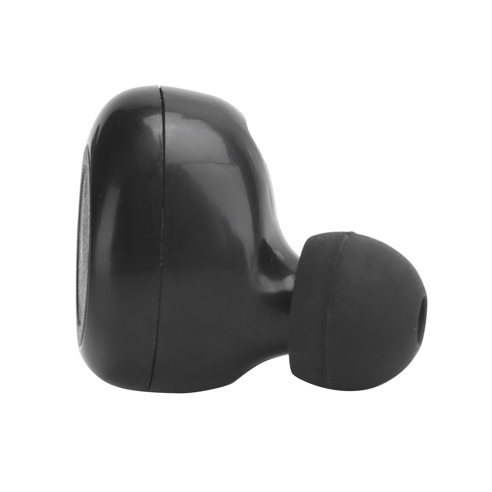 Ein schwarzer kabelloser Ohrhörer. Er hat eine Silikonspitze und ein gebogenes Design. Weißer Hintergrund.