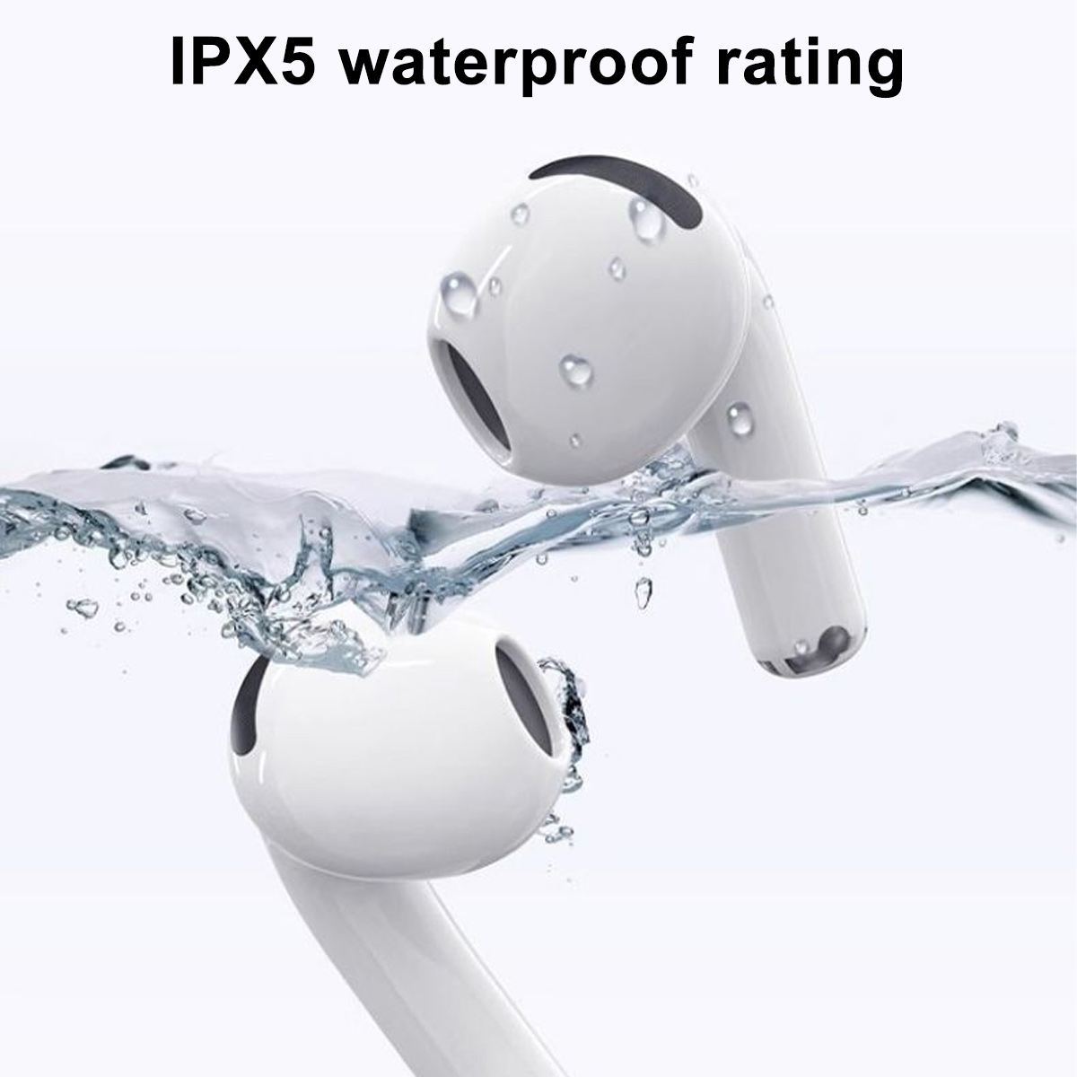 Weiße kabellose Ohrhörer im Wasser, mit IPX5-Wasserdichtigkeitsangabe darüber.