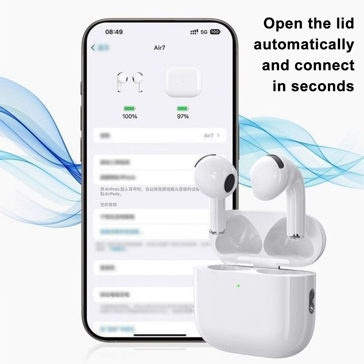 Weiße AirPods in einem Ladecase auf einem Telefonbildschirm. Der Bildschirm zeigt den Akkustand. Das Case ist offen.