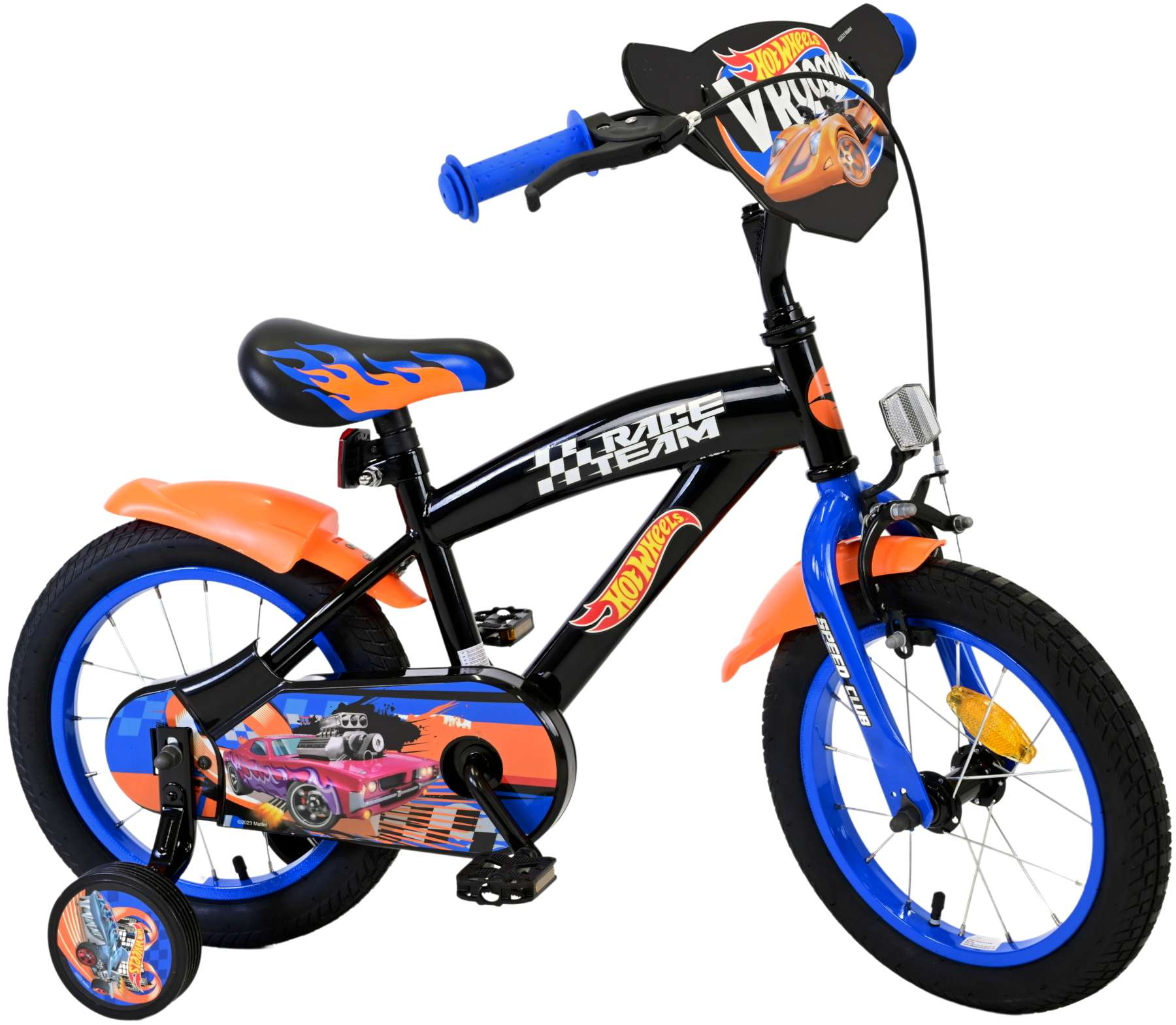 Hot Wheels Fahrrad mit Stützrädern, in Schwarz und Orange, auf weißem Hintergrund.