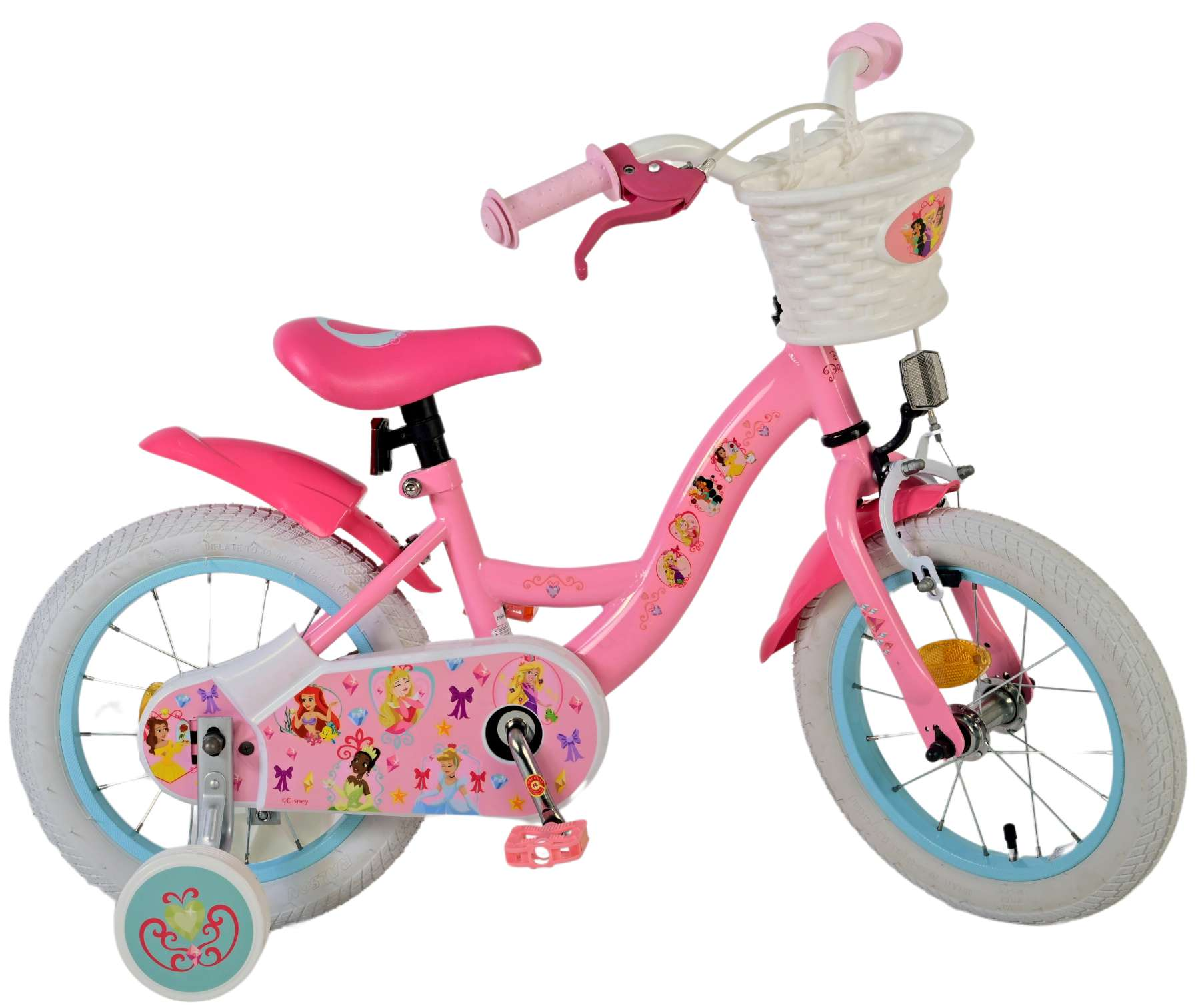 Ein rosa Kinderfahrrad mit Stützrädern und einem weißen Korb sowie Disney-Prinzessinnen-Abziehbildern.
