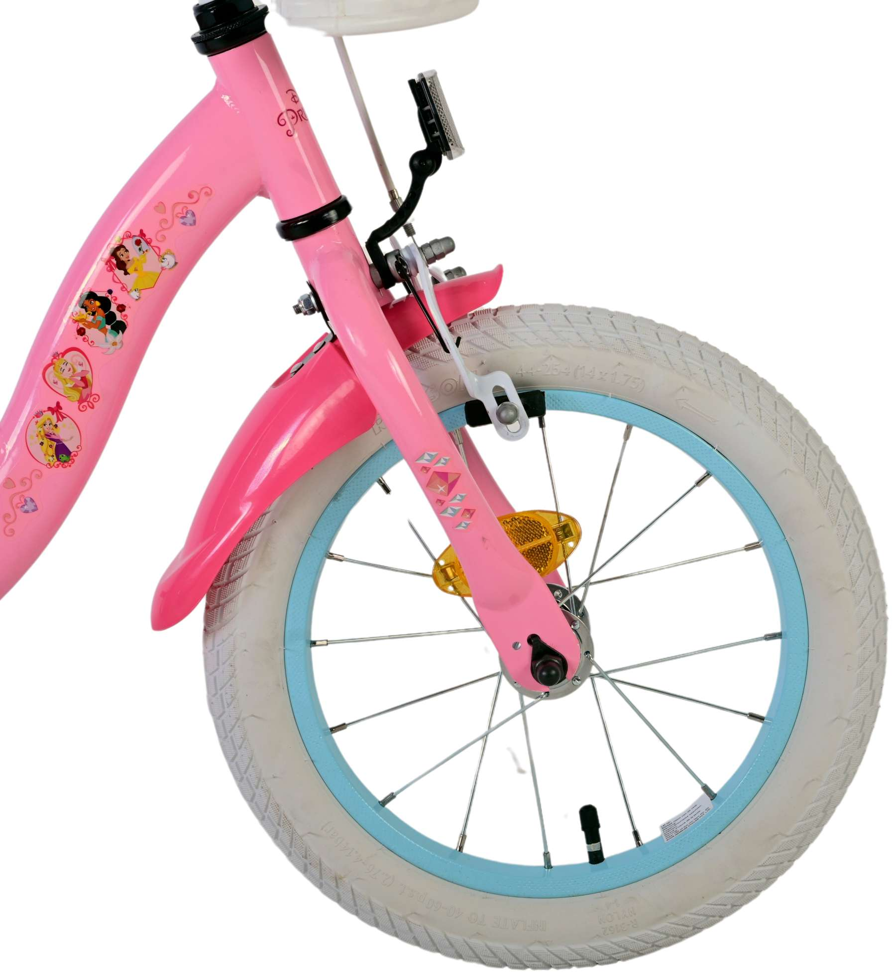Rosa Kinderrad Vorderrad. Merkmale: rosa Rahmendetails, weißer Reifen und Prinzessinnen-Design.