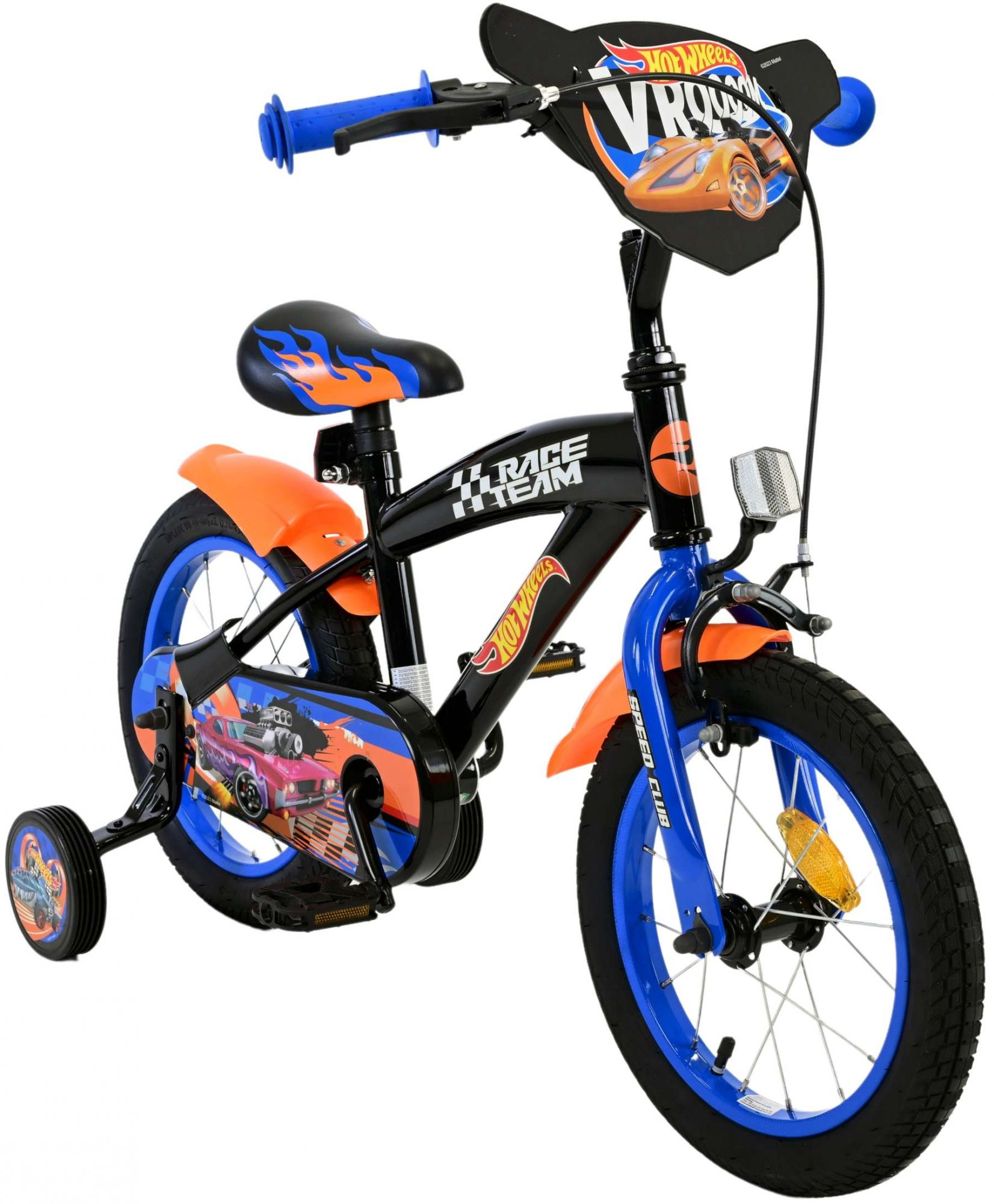 Ein schwarz-oranges Hot Wheels Kinderfahrrad mit Stützrädern und einem 'VROOOM'-Schild.