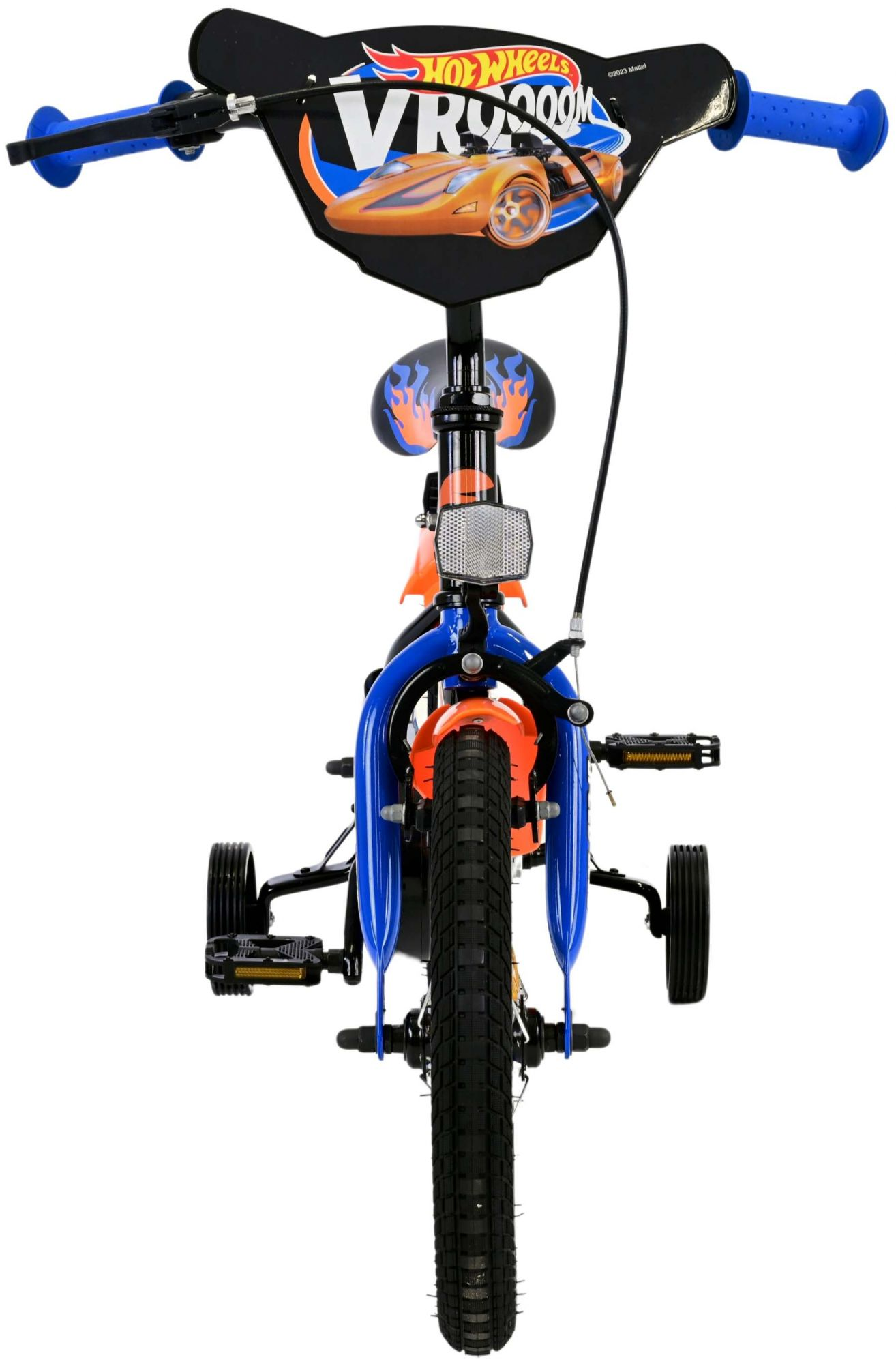 Hot Wheels Fahrrad mit Stützrädern. Hat orange, blaue und schwarze Farben, mit Hot Wheels Logo.