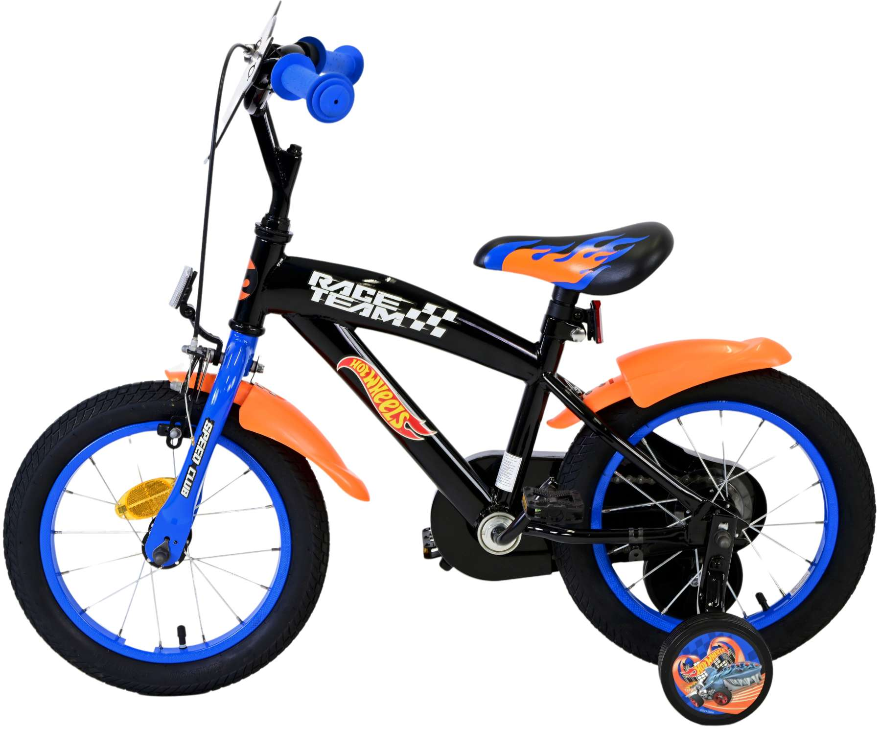 Hot Wheels Rennteam-Fahrrad, schwarzer Rahmen, blaue und orangefarbene Akzente, Stützräder.