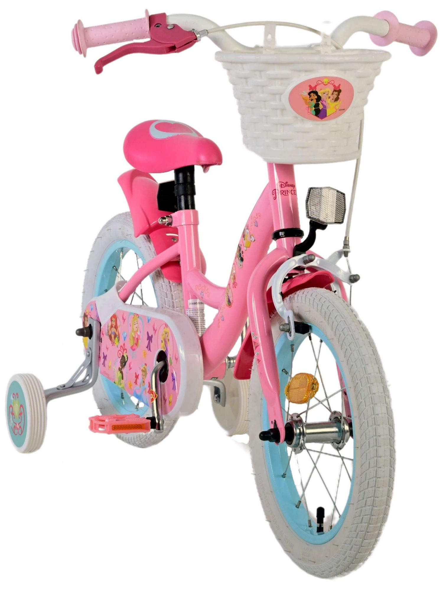 Rosa Kinderfahrrad mit Stützrädern, Korb und Prinzessinnen-Design.