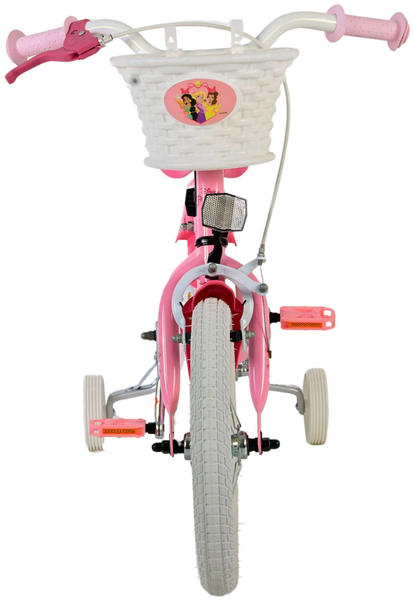 Ein rosa Fahrrad mit Stützrädern, einem Korb mit Prinzessinnen-Motiv und rosa Zubehör.