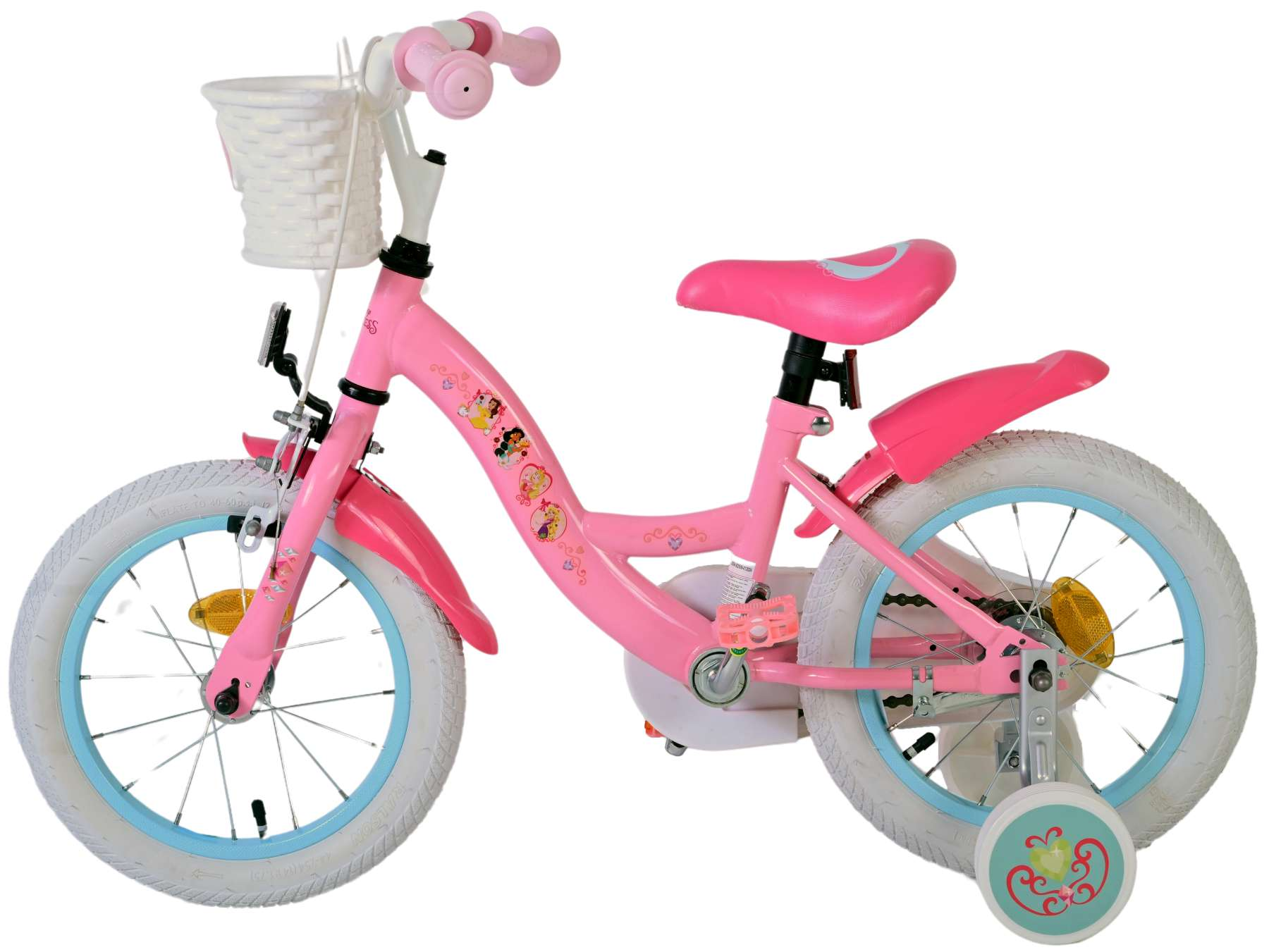 Rosa Fahrrad mit weißen Reifen und Korb, Stützrädern und Prinzessinnen-Aufklebern.