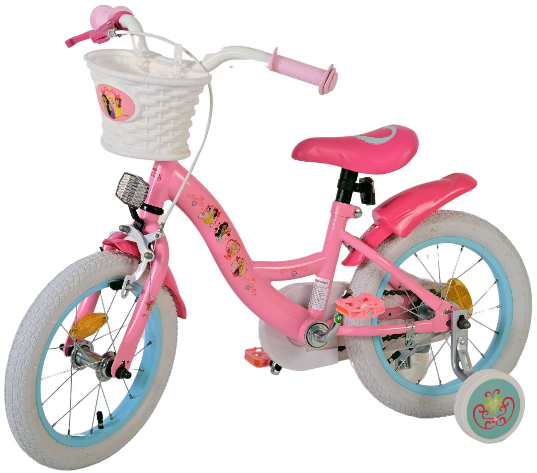 Rosa Fahrrad mit Korb, Stützrädern und weißen Reifen auf weißem Hintergrund, mit Princess-Text.