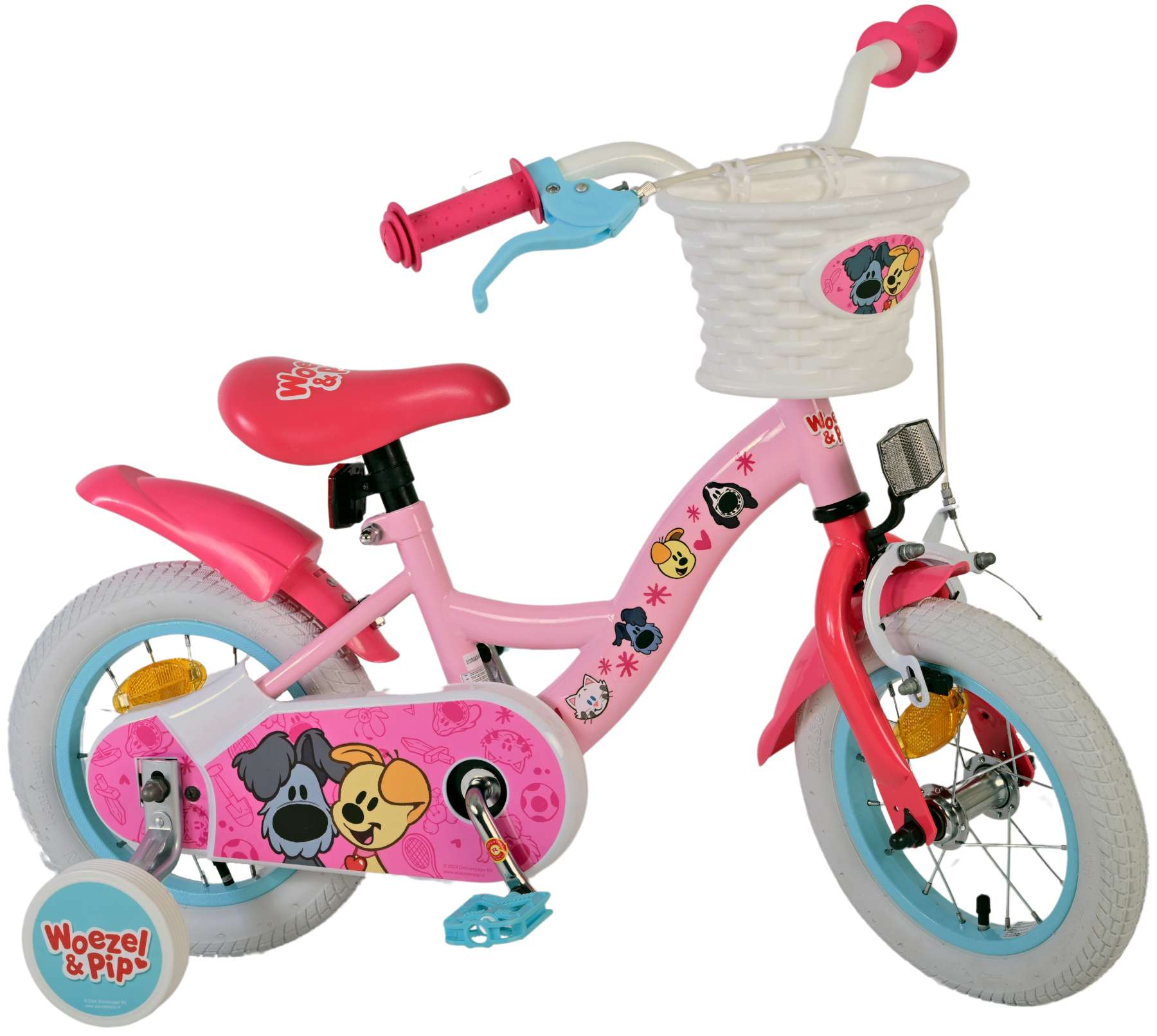 Rosa Kinderfahrrad mit Stützrädern, Korb und Hunde-Grafiken.