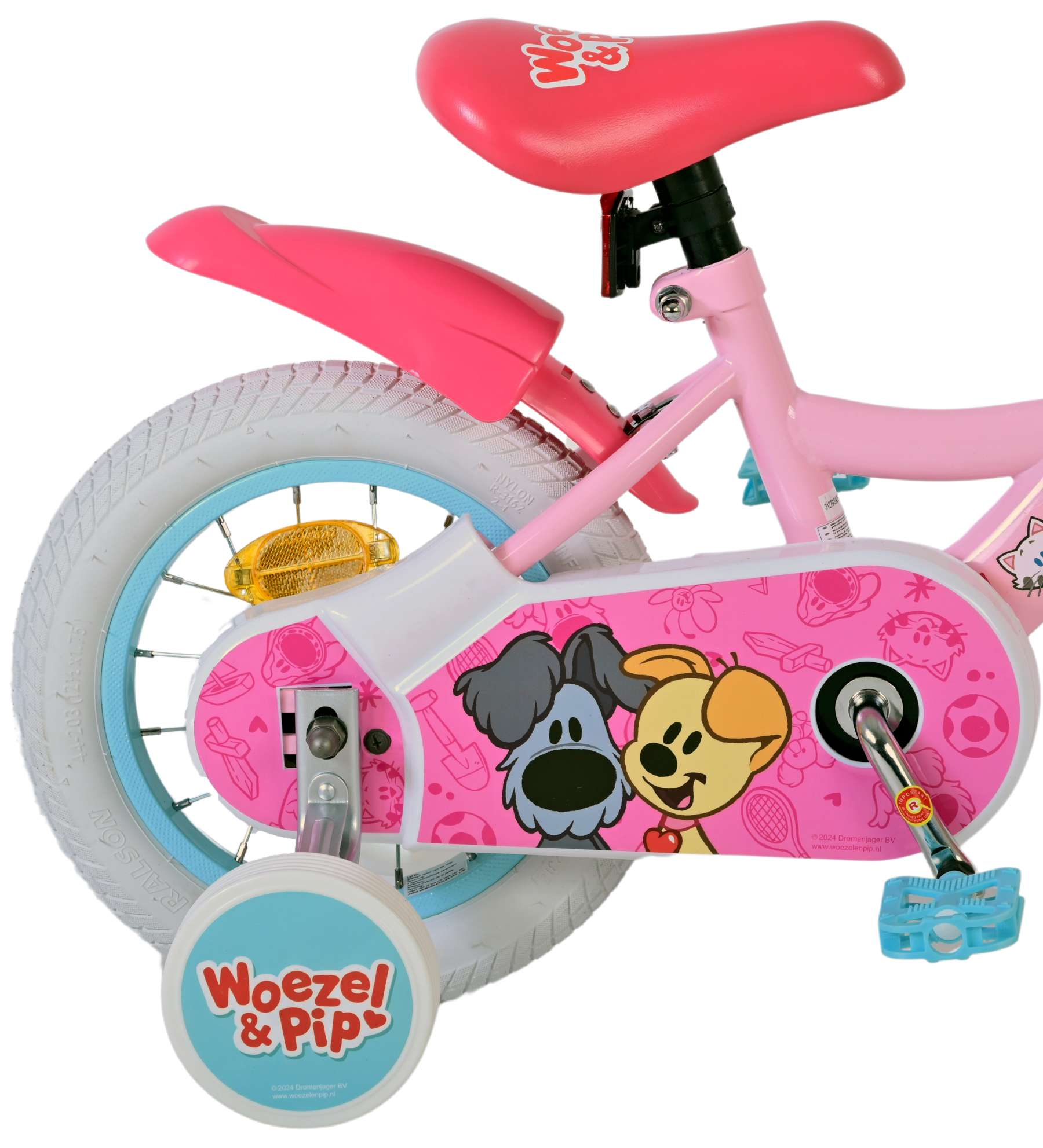 Rosa Kinderfahrrad mit Stützrädern, Hunde-Grafiken an der Seite und rosa Sitz.