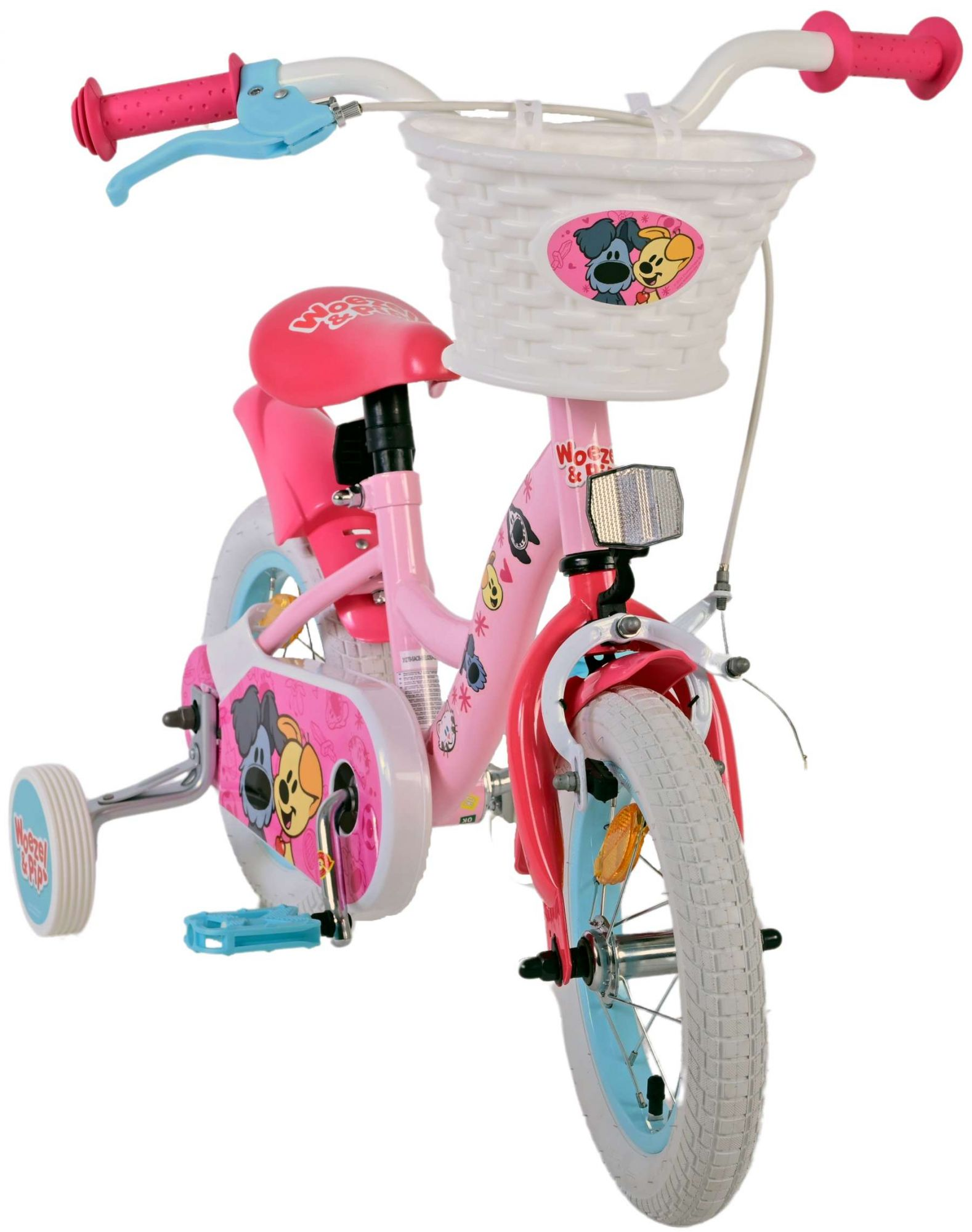 Rosa Kinderfahrrad mit Woof & Dogs-Motiv, Korb, Stützrädern, auf weißem Hintergrund.