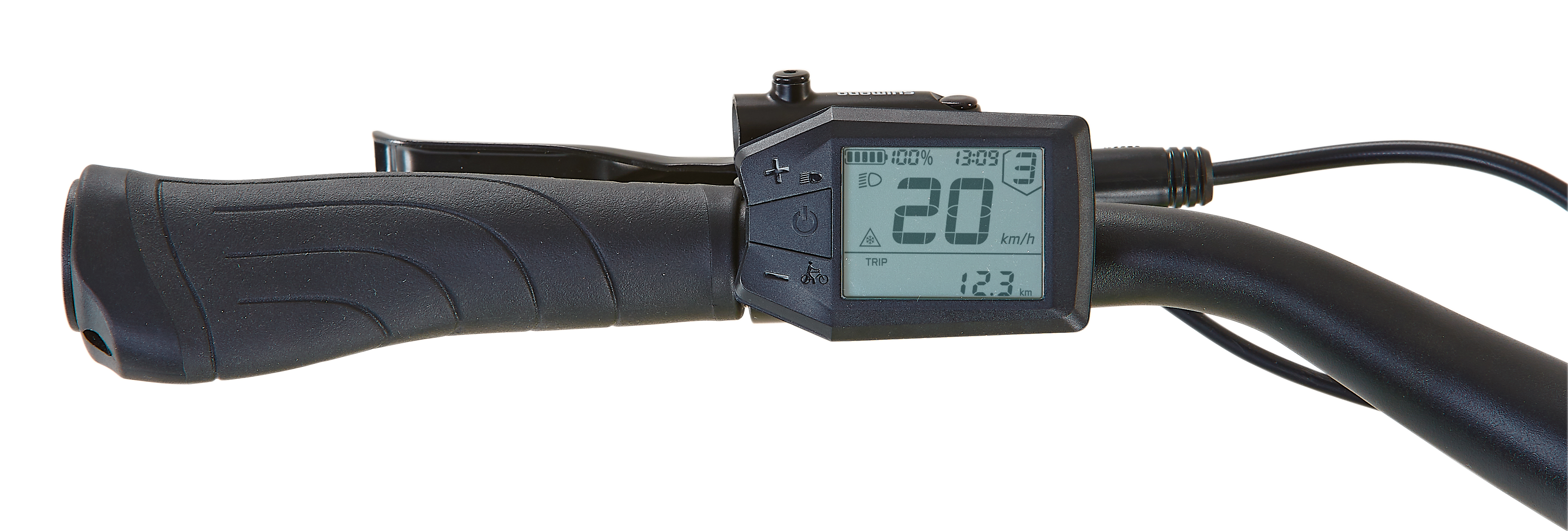 Ein Fahrradlenker mit LCD-Anzeige, die Geschwindigkeit und andere Metriken anzeigt.