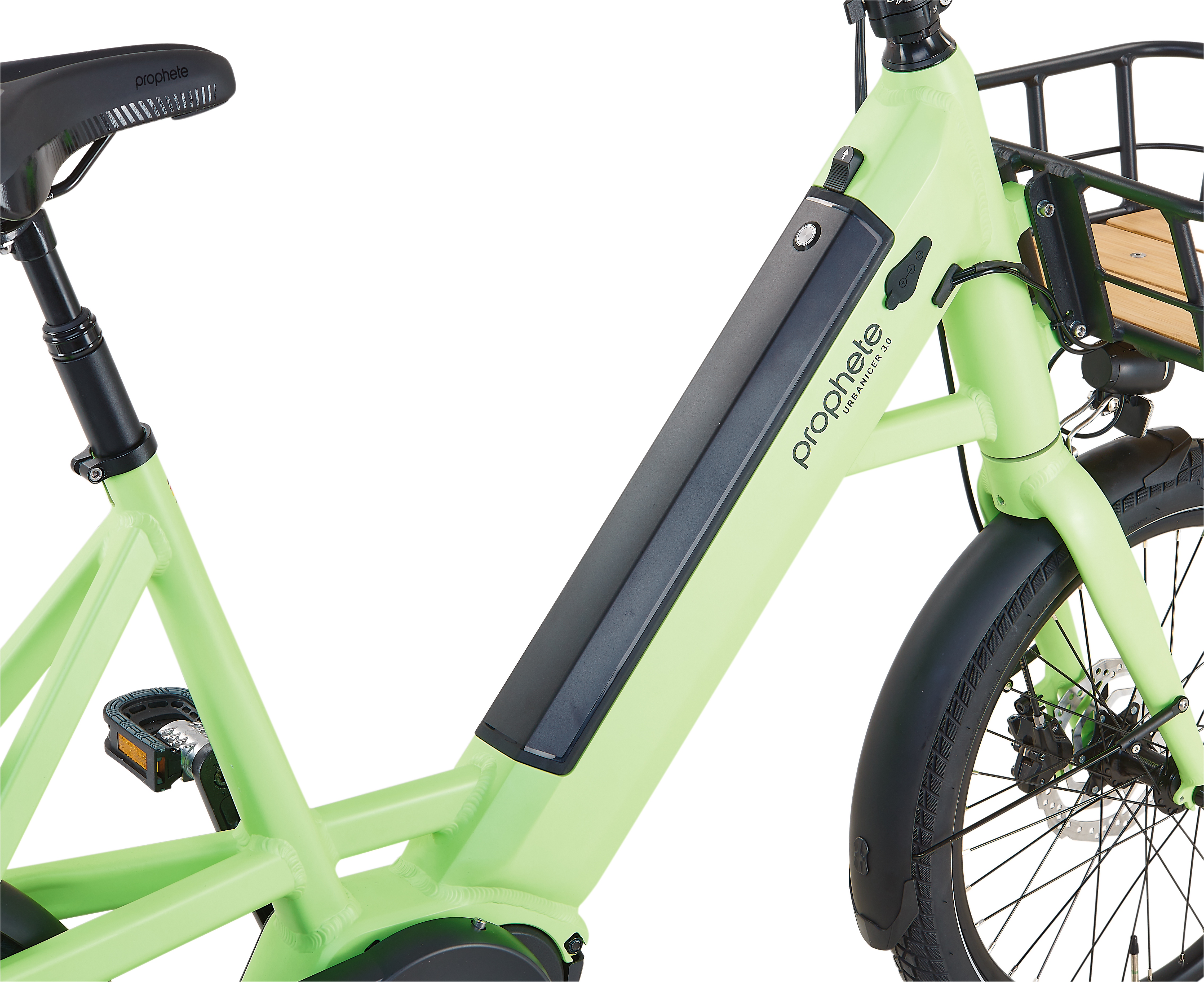 Ein hellgrünes Elektrofahrrad mit schwarzem Akku und schwarzem Korb.