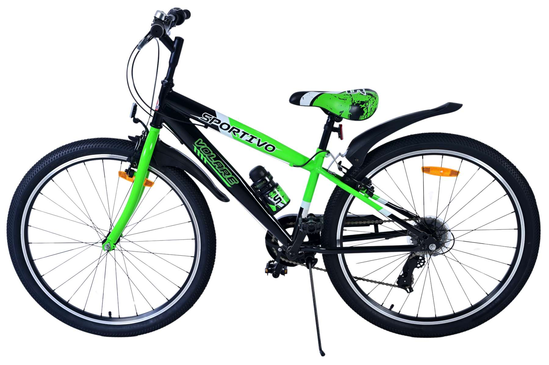 Ein grünes und schwarzes Fahrrad mit dem Wort 'Sportivo' darauf. Es hat schwarze Reifen und Räder.