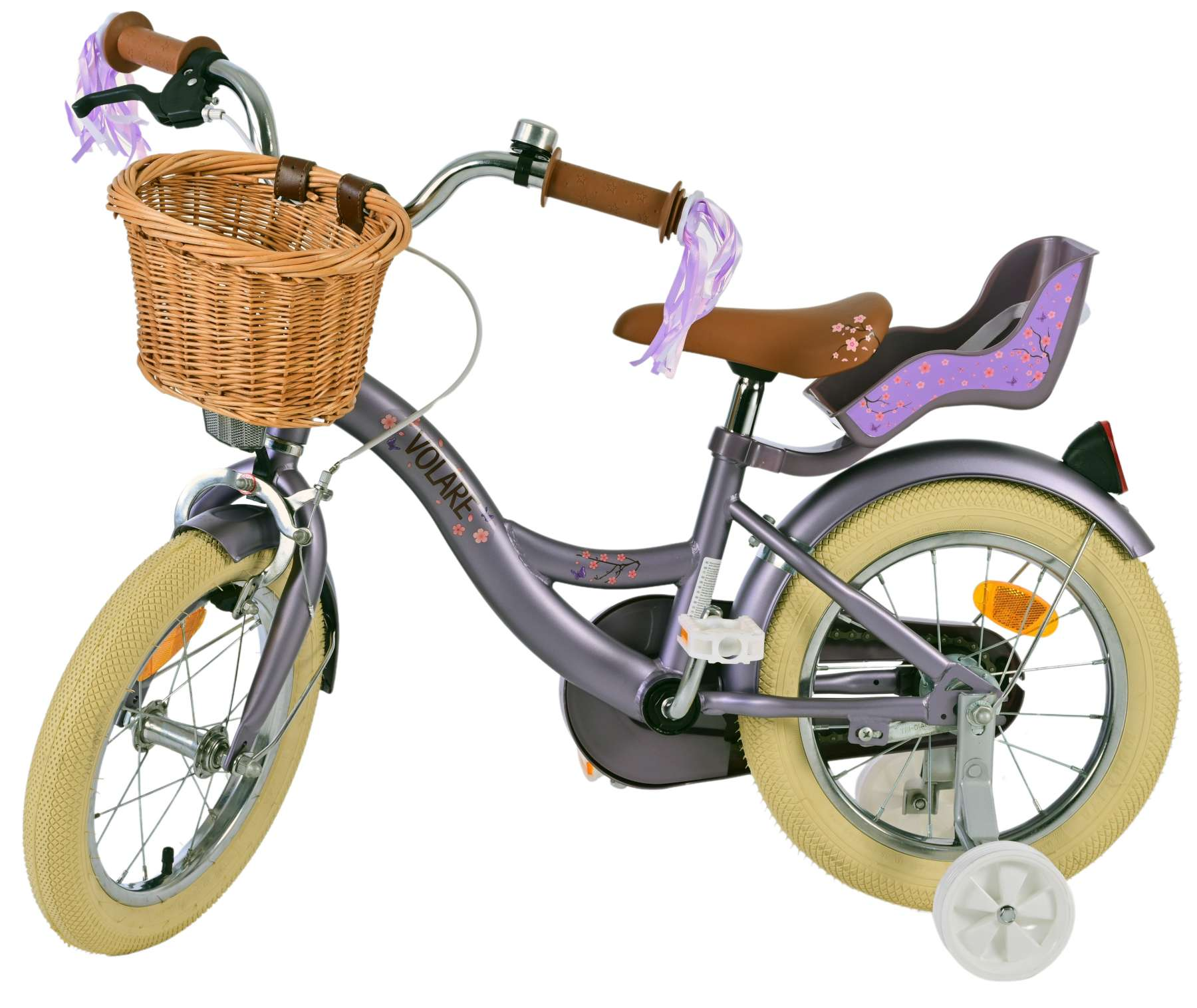 Lila Fahrrad mit Korb und Stützrädern. Brauner Sitz und Lenker. Kinderfahrrad.