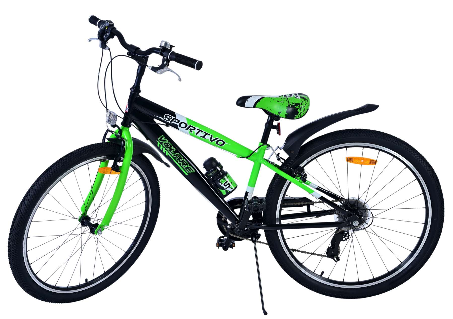 Grünes und schwarzes Fahrrad, mit grüner Gabel und Rahmen, weißer Hintergrund.