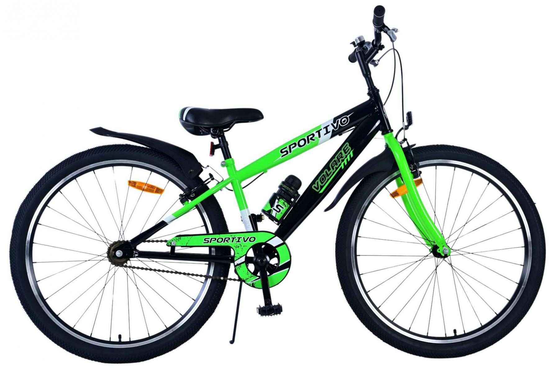 Grünes und schwarzes Fahrrad mit dem Wort 'SPORTIVO' auf dem Rahmen. Es hat grüne Akzente.