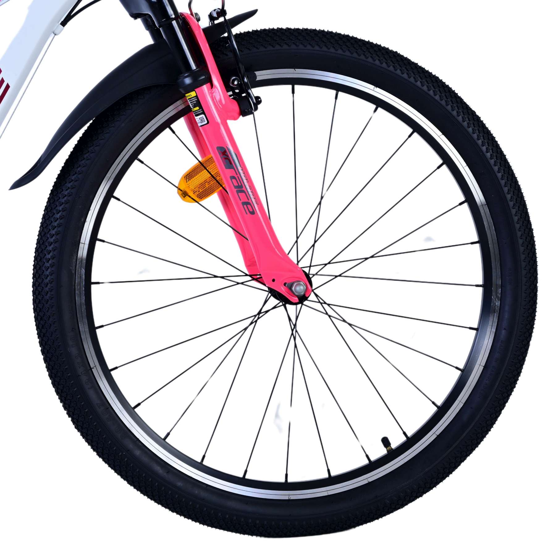 Vorderrad eines Fahrrads. Die Gabel ist rosa und der Reifen ist schwarz.
