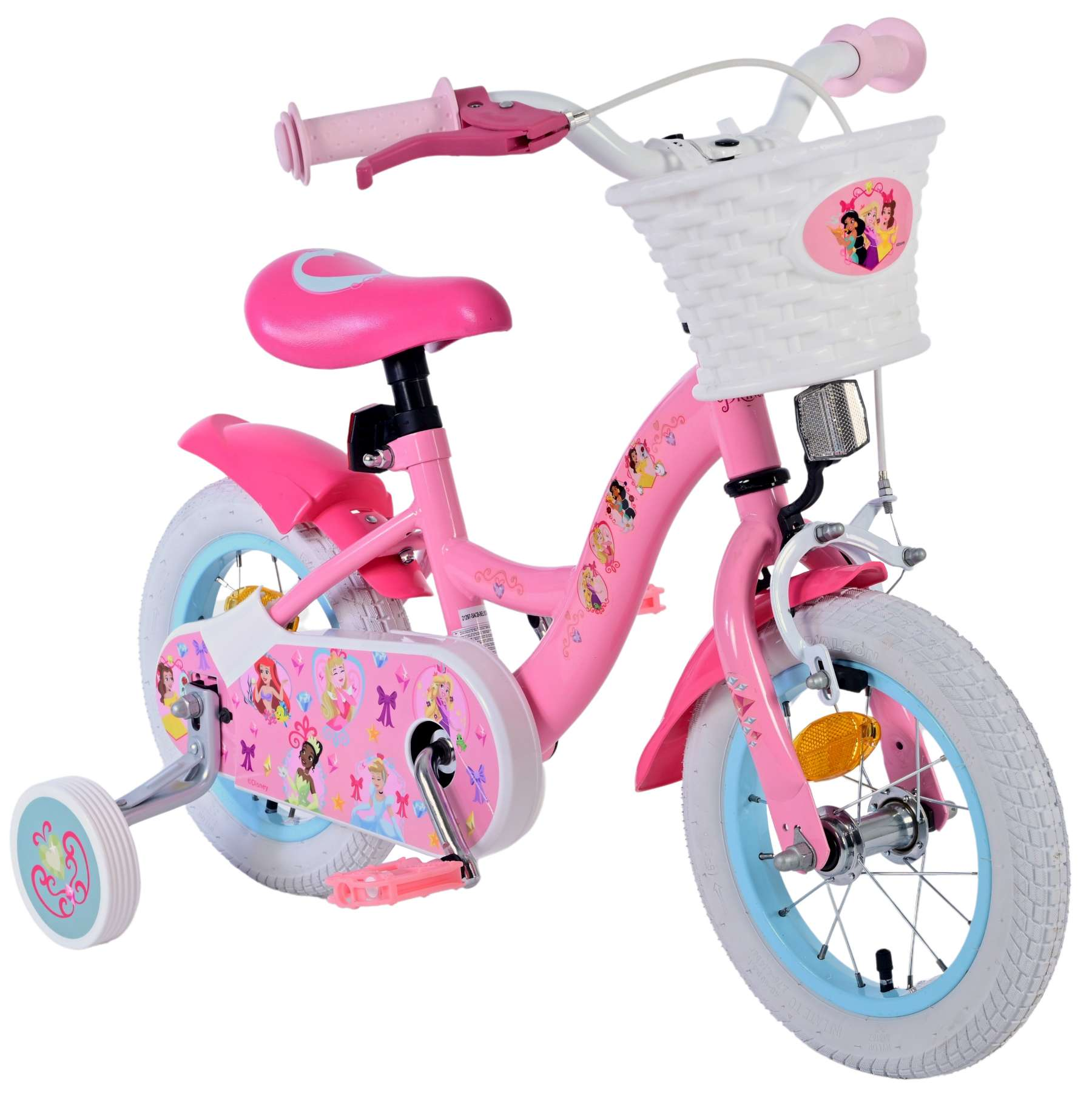 Rosa Kinderfahrrad mit Stützrädern und Korb. Es hat Prinzessinnen-Aufkleber und einen rosa Sitz.