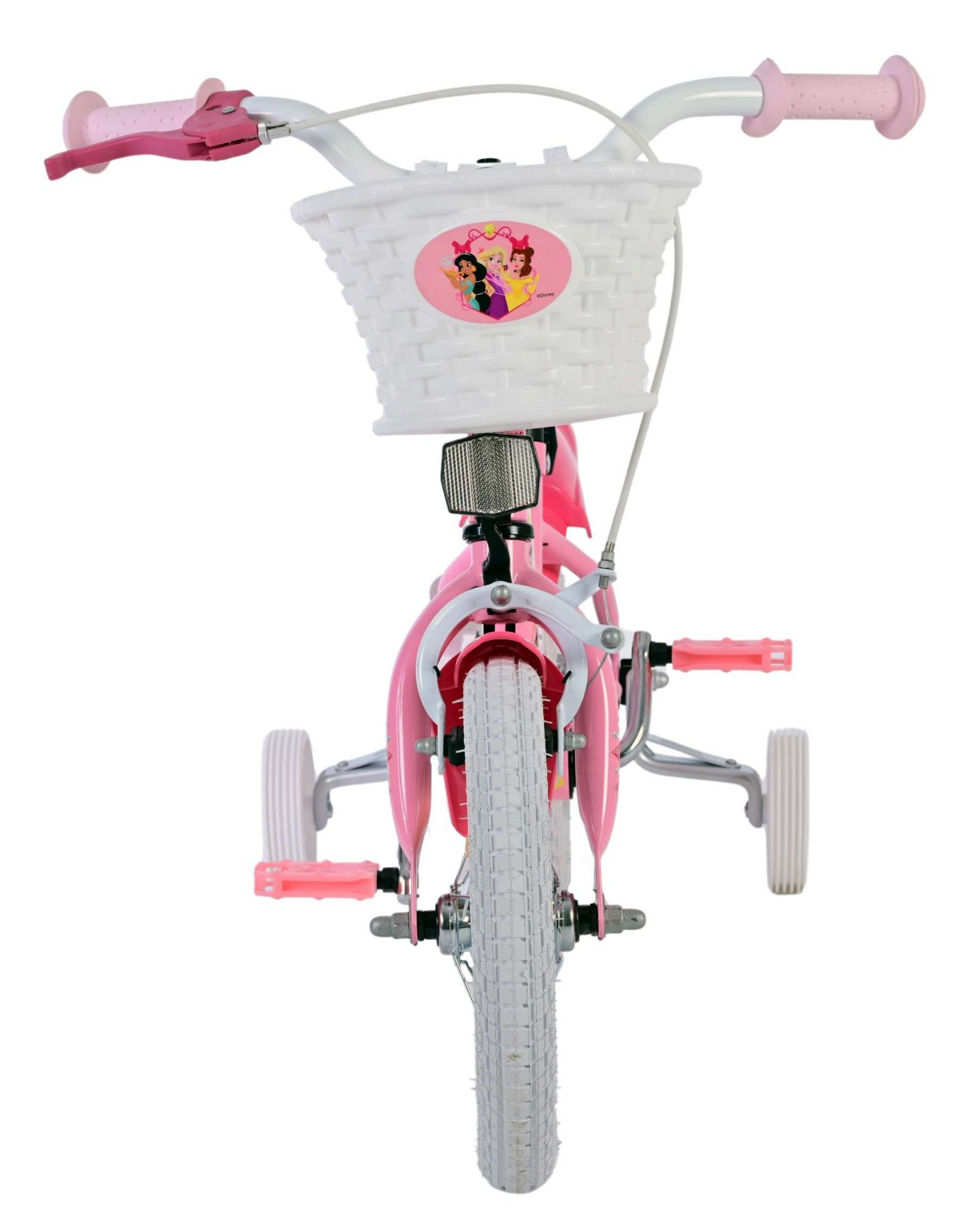 Rosa Kinderfahrrad mit weißem Korb und Stützrädern, vor weißem Hintergrund.