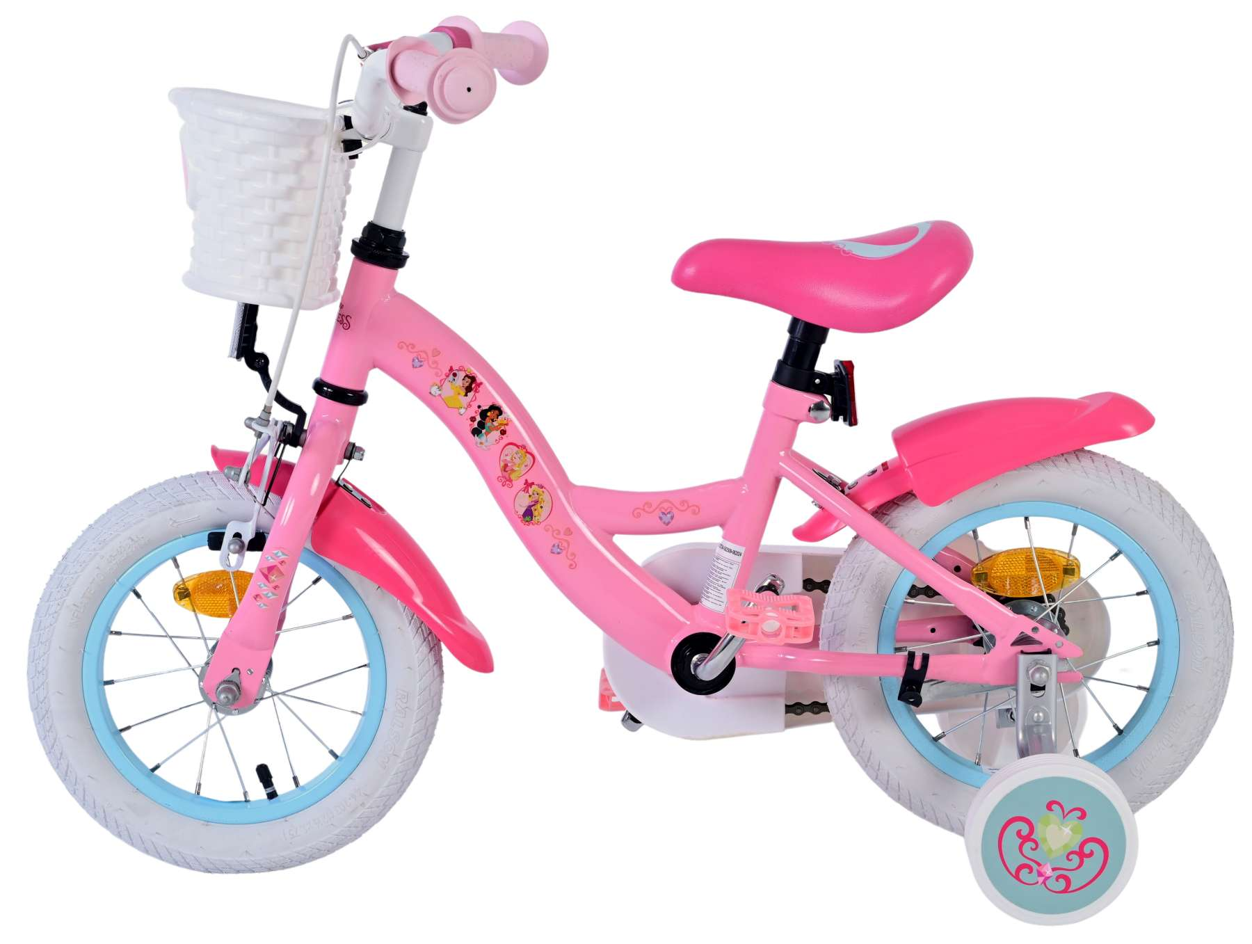 Ein pinkes Barbie-Fahrrad für Kinder mit einem weißen Korb, Stützrädern und einem pinken Sitz.