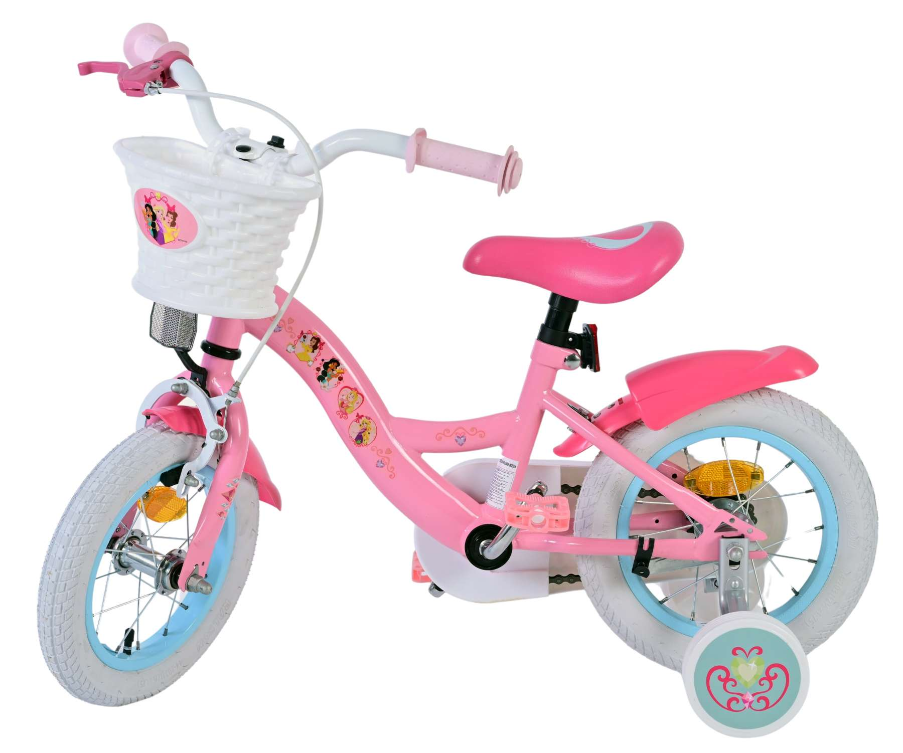 Rosa Kinderfahrrad mit Korb, Stützrädern und Aufklebern zum Thema Prinzessin.