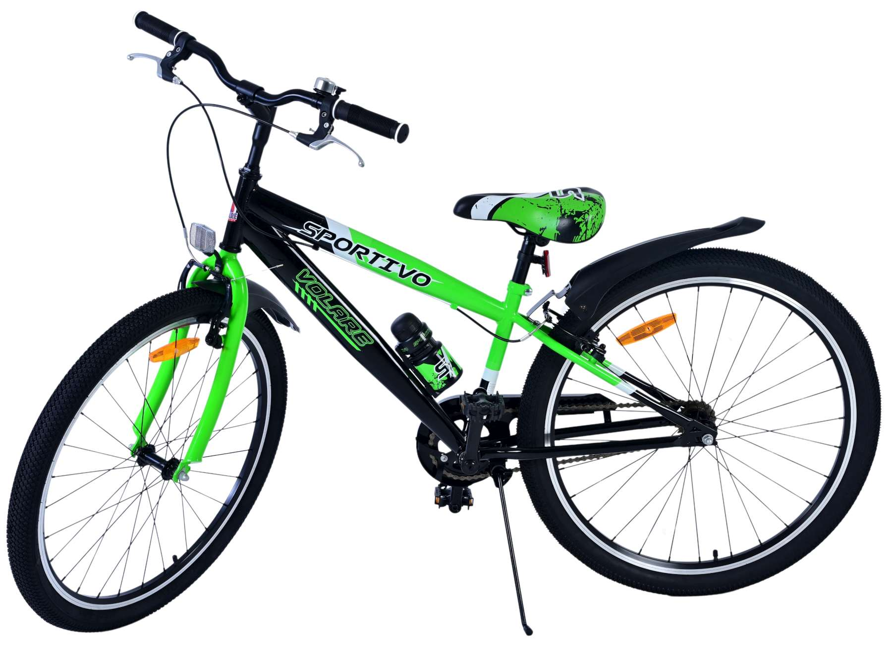 Ein schwarzes und grünes Sportivo Volare Fahrrad. Es hat einen schwarzen Rahmen mit grünen Akzenten und eine Wasserflasche.