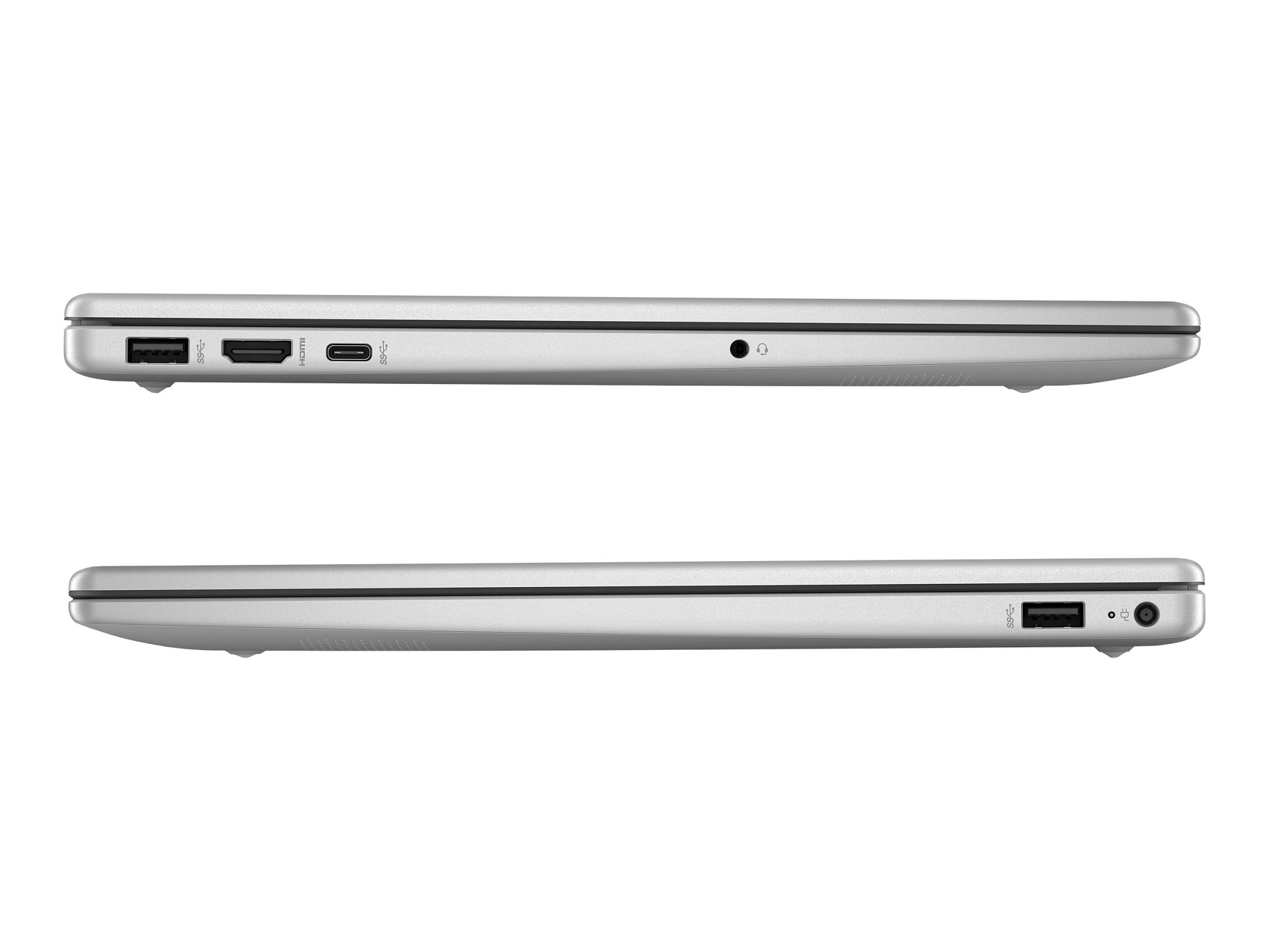 Zwei silberne Laptops nebeneinander, die die Anschlüsse auf jeder Seite zeigen.