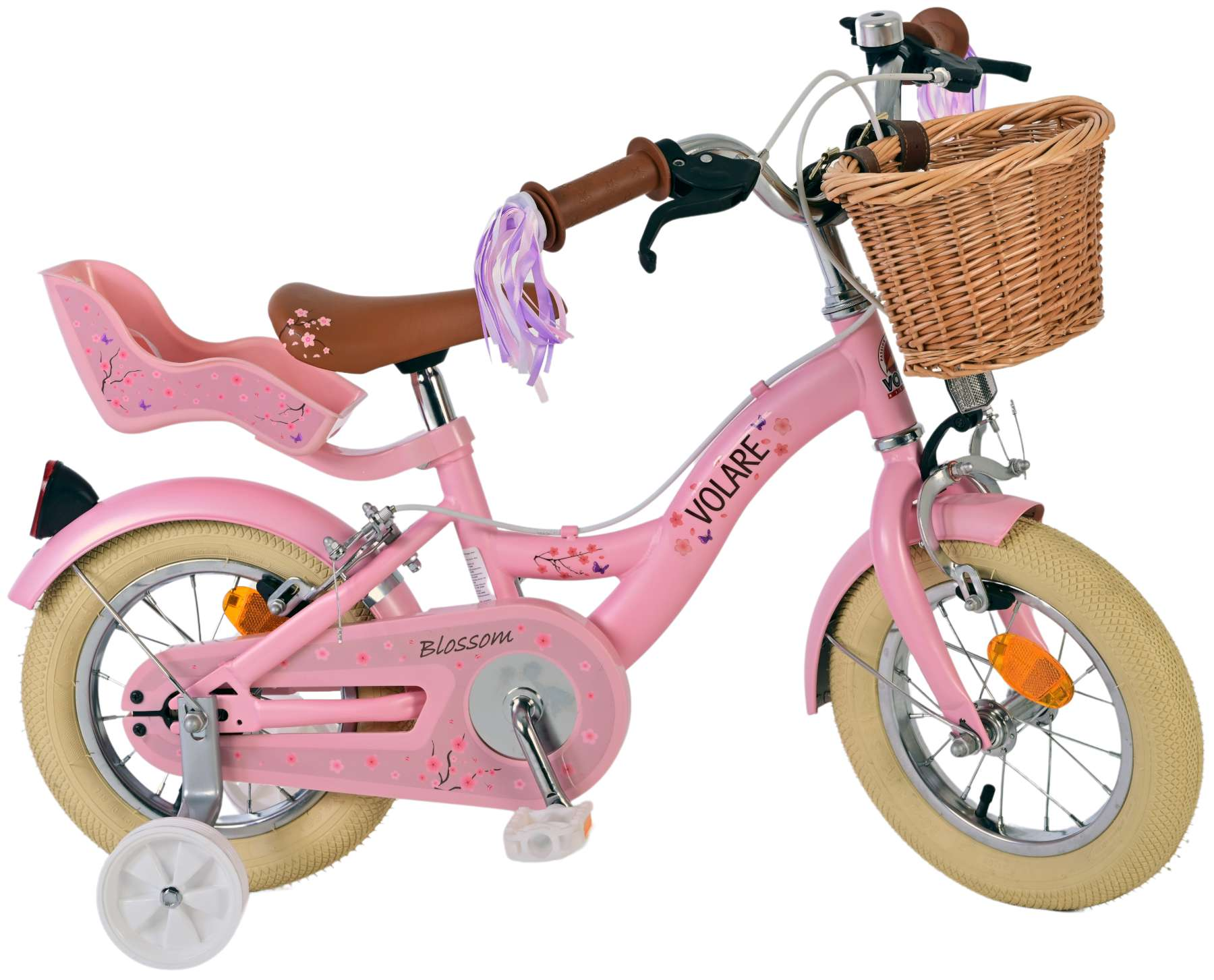 Rosa Volare Blossom Fahrrad mit Stützrädern und Korb, vor weißem Hintergrund.