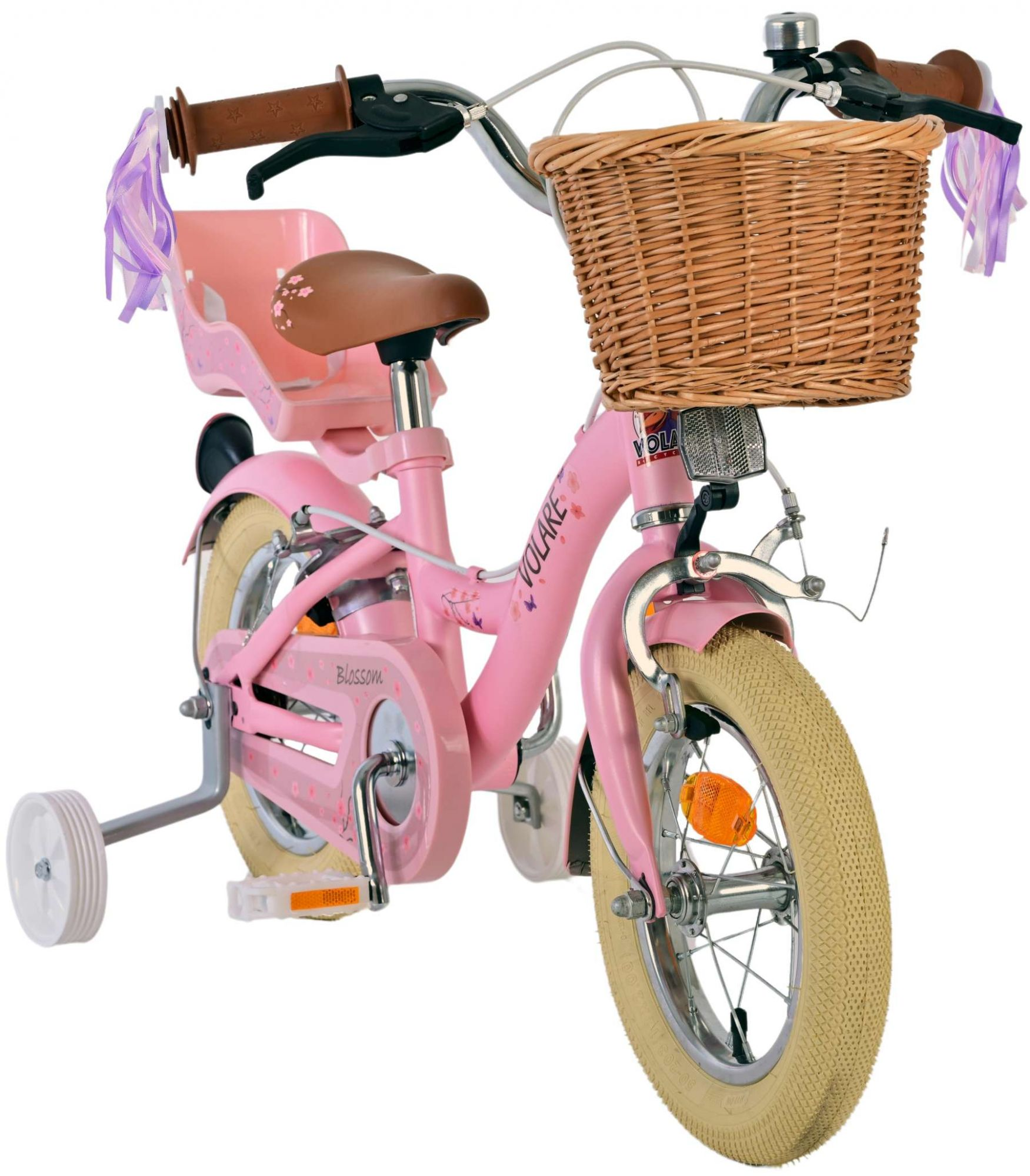 Rosa Kinderfahrrad mit Korb, Stützrädern und einem Sitz für eine Puppe.