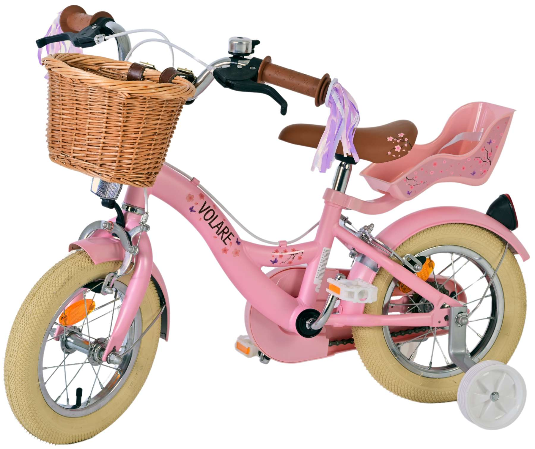 Rosa Volare-Fahrrad mit Korb und Stützrädern.