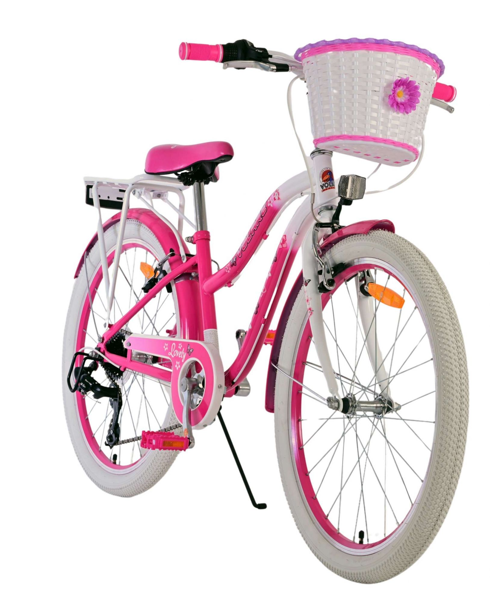 Rosa Fahrrad mit Korb und weißen Reifen. Lila Akzente und Details.