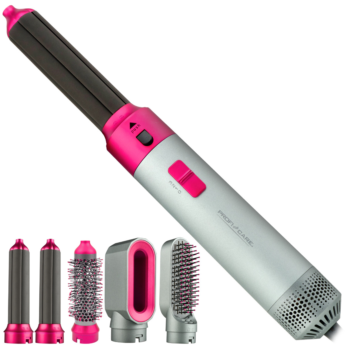 Styler per capelli con accessori. Schema di colori rosa e argento. Sfondo bianco.