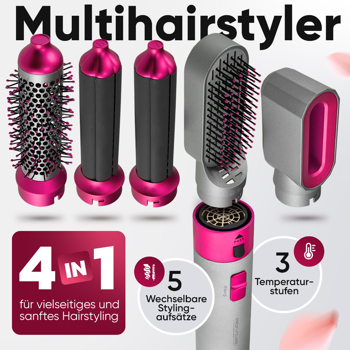 Un multi-styler per capelli con 4 accessori. Colori rosa e argento. Testo sull'immagine.