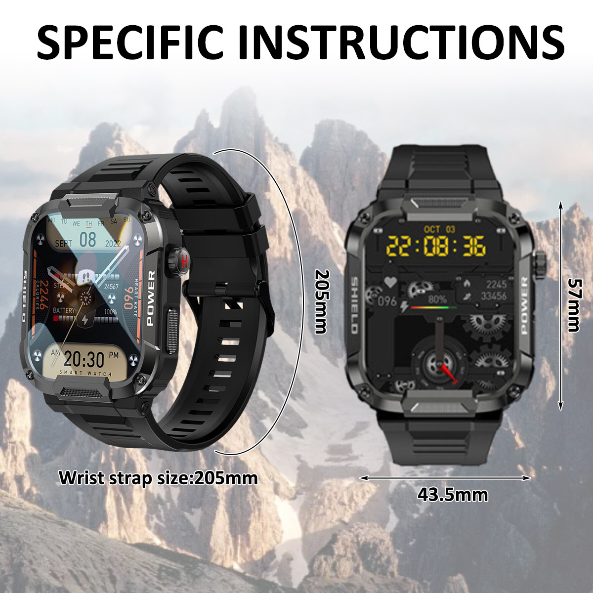 Schwarze Smartwatch mit schwarzem Armband, zeigt Zeit und Gesundheitsmetriken, mit Abmessungen.