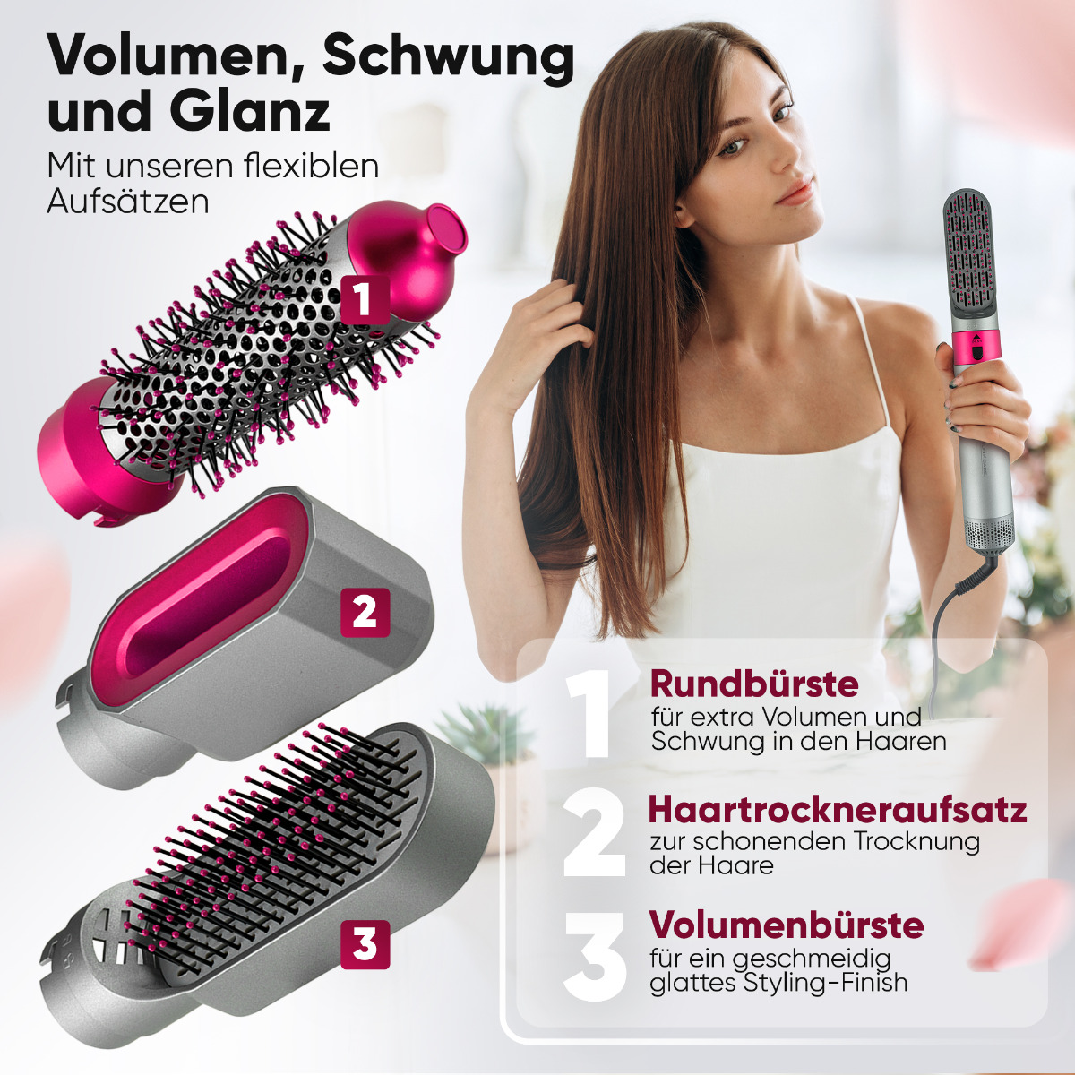 Donna con strumenti per lo styling dei capelli, tra cui spazzola rotonda, asciugacapelli e spazzola volumizzante.