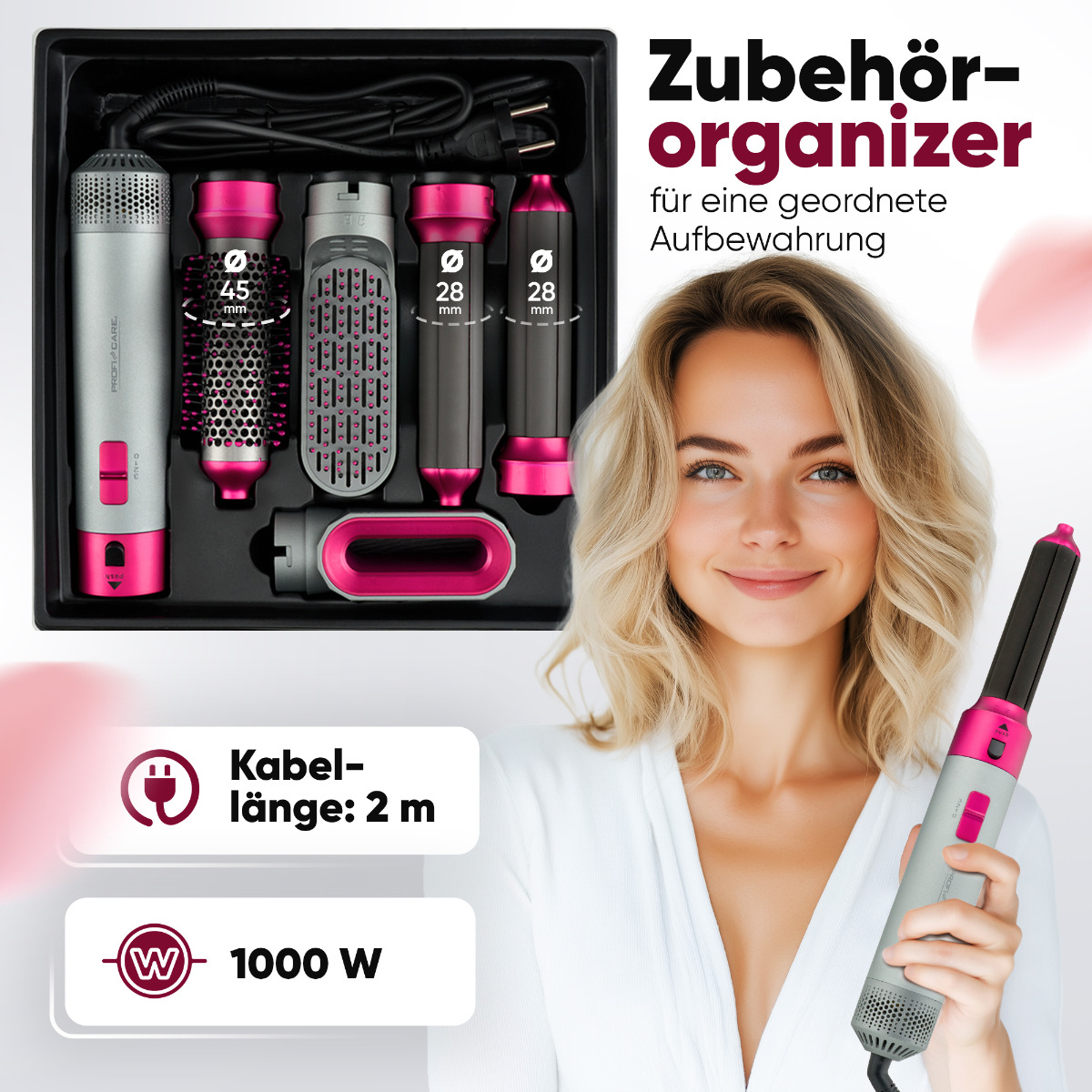 Donna con strumenti per lo styling dei capelli. Gli strumenti sono in un organizer.