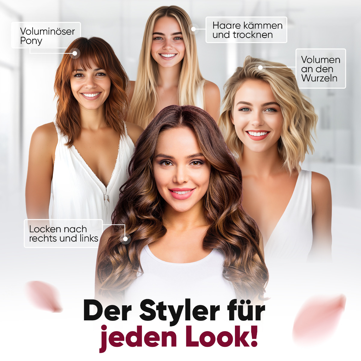 Quattro donne con acconciature diverse, che evidenziano le tecniche di styling dei capelli. Testo in tedesco e petali di fiori rosa.