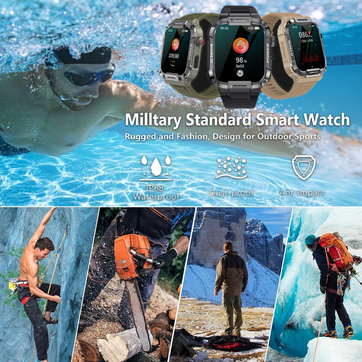 Smartwatches mit verschiedenen Bändern und Displays. Menschen betreiben Outdoor-Aktivitäten, Schwimmen, Klettern.