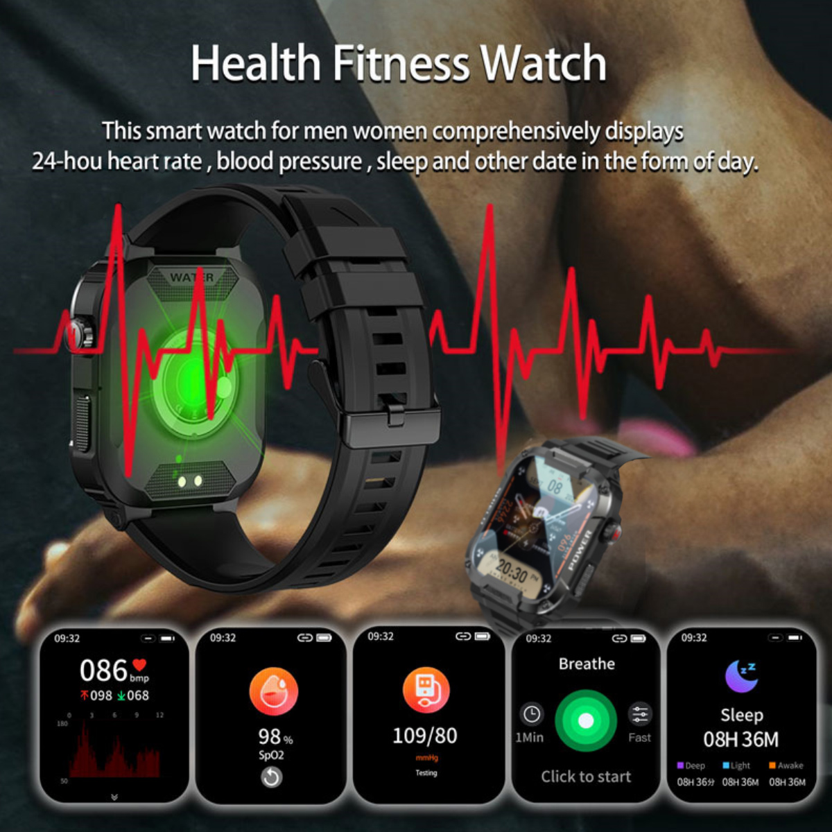 Eine schwarze und silberne Smartwatch, die Zeit- und Gesundheitsdaten anzeigt.