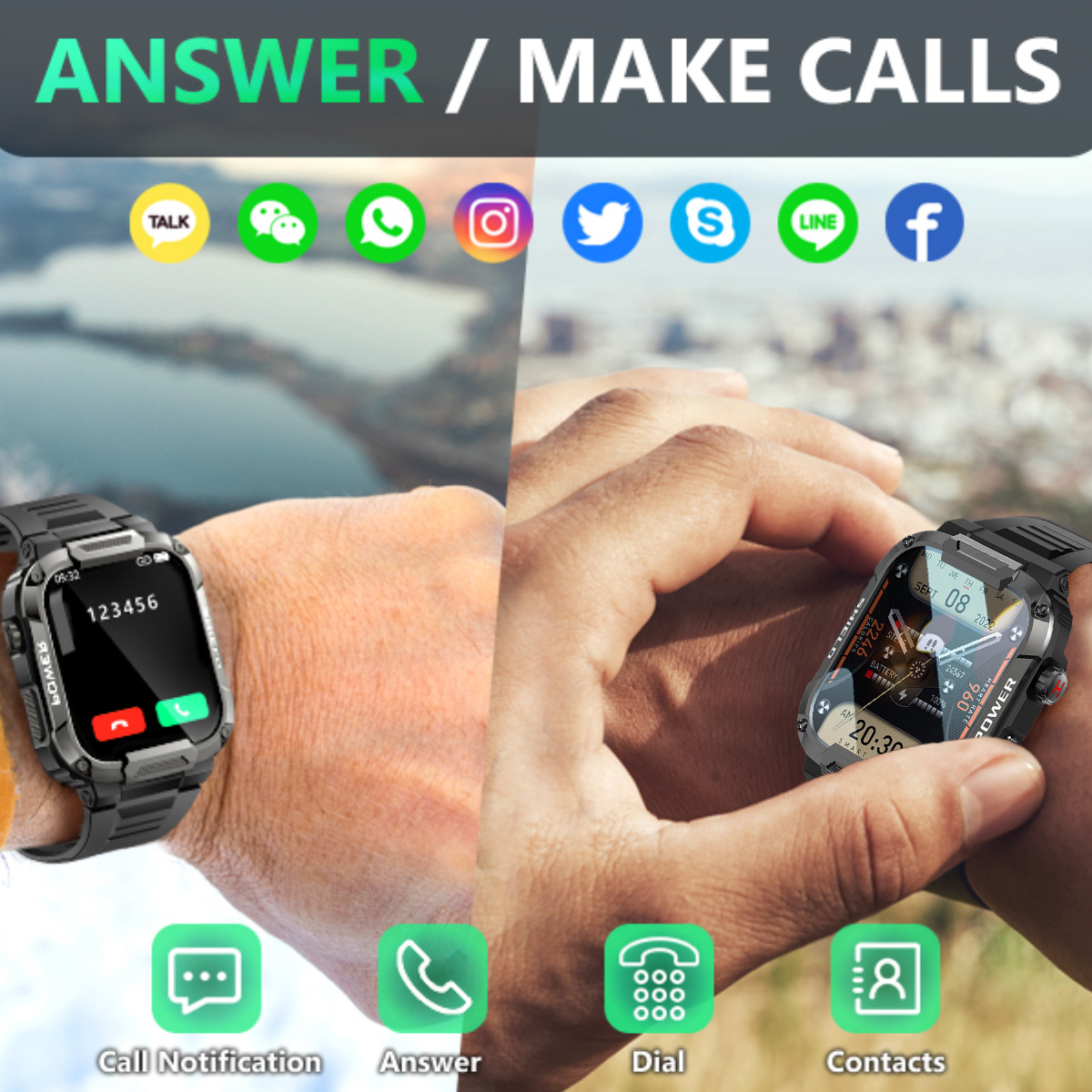 Smartwatches an Handgelenken, zeigen Anruf- und Social-Media-Symbole, Kontaktoptionen und Zeit.